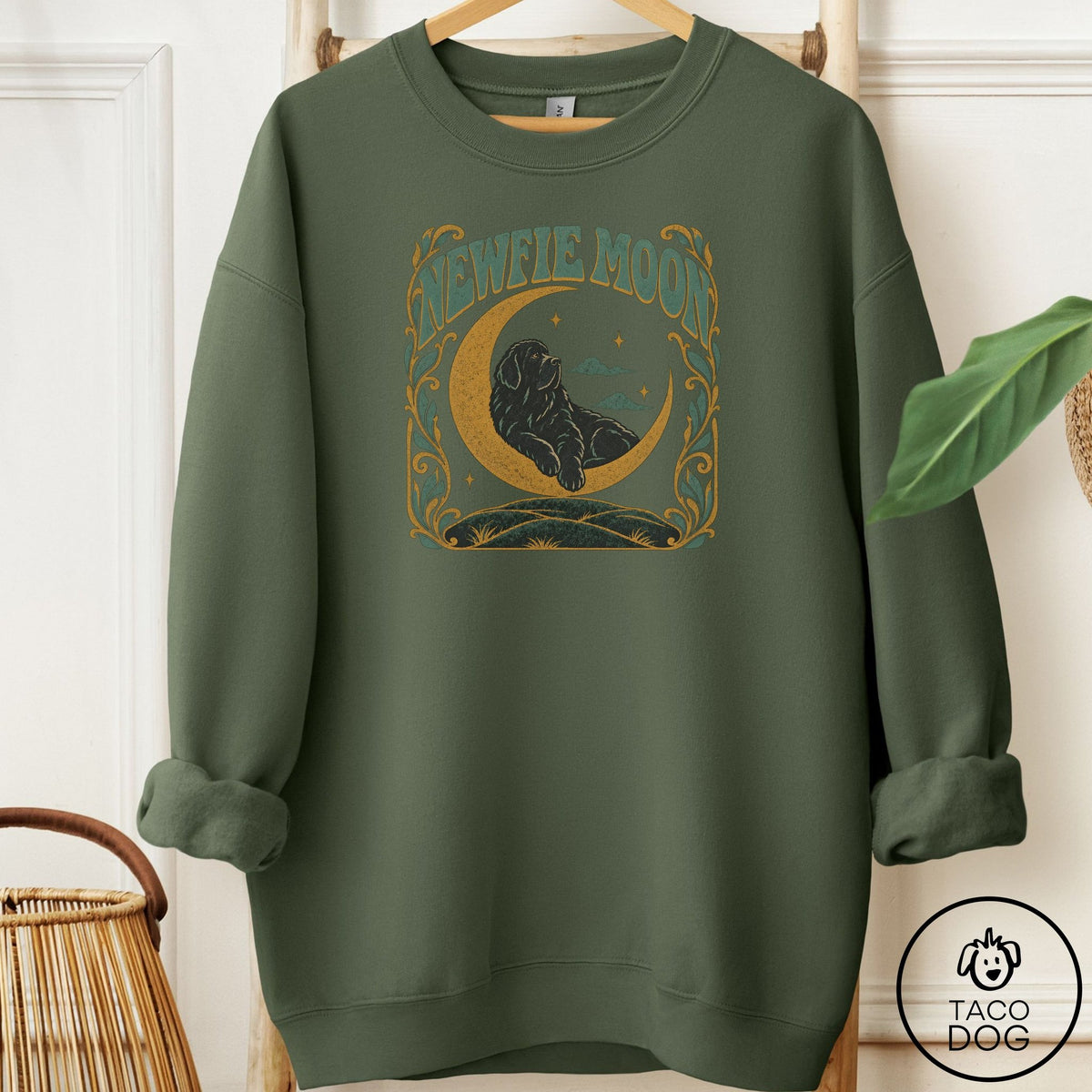 Newfoundland Crescent Moon Sweatshirt Military Green Taco-Dog