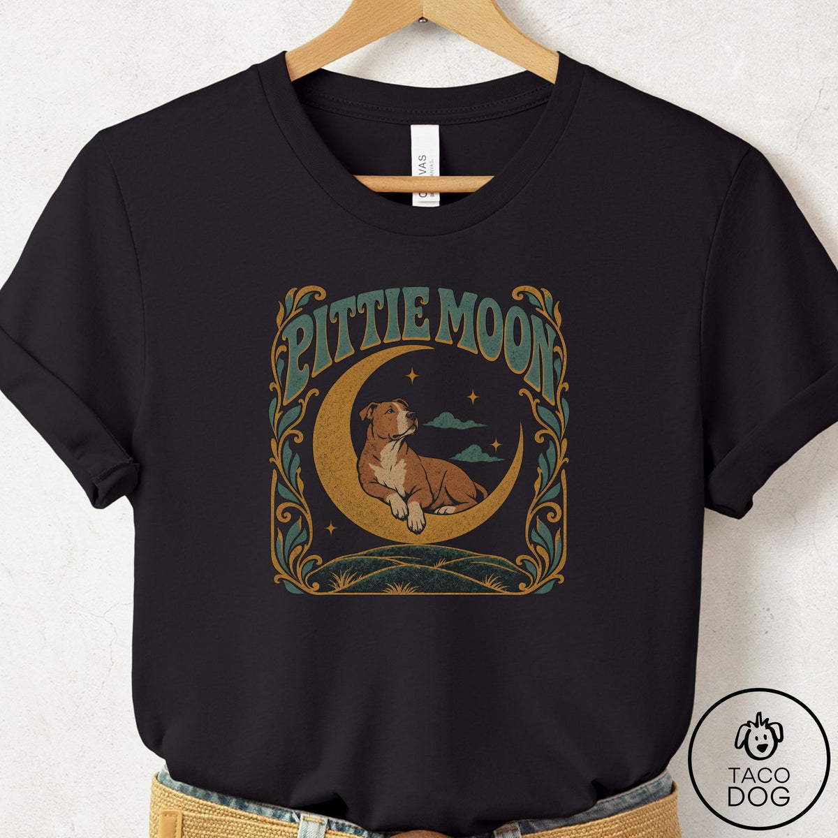 Pitbull Crescent Moon T-Shirt Black Taco-Dog