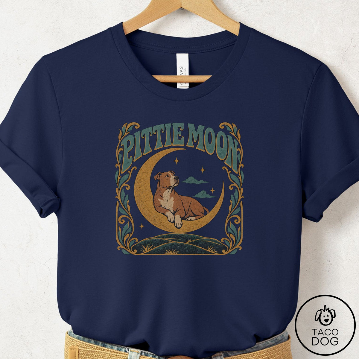 Pitbull Crescent Moon T-Shirt Navy Taco-Dog