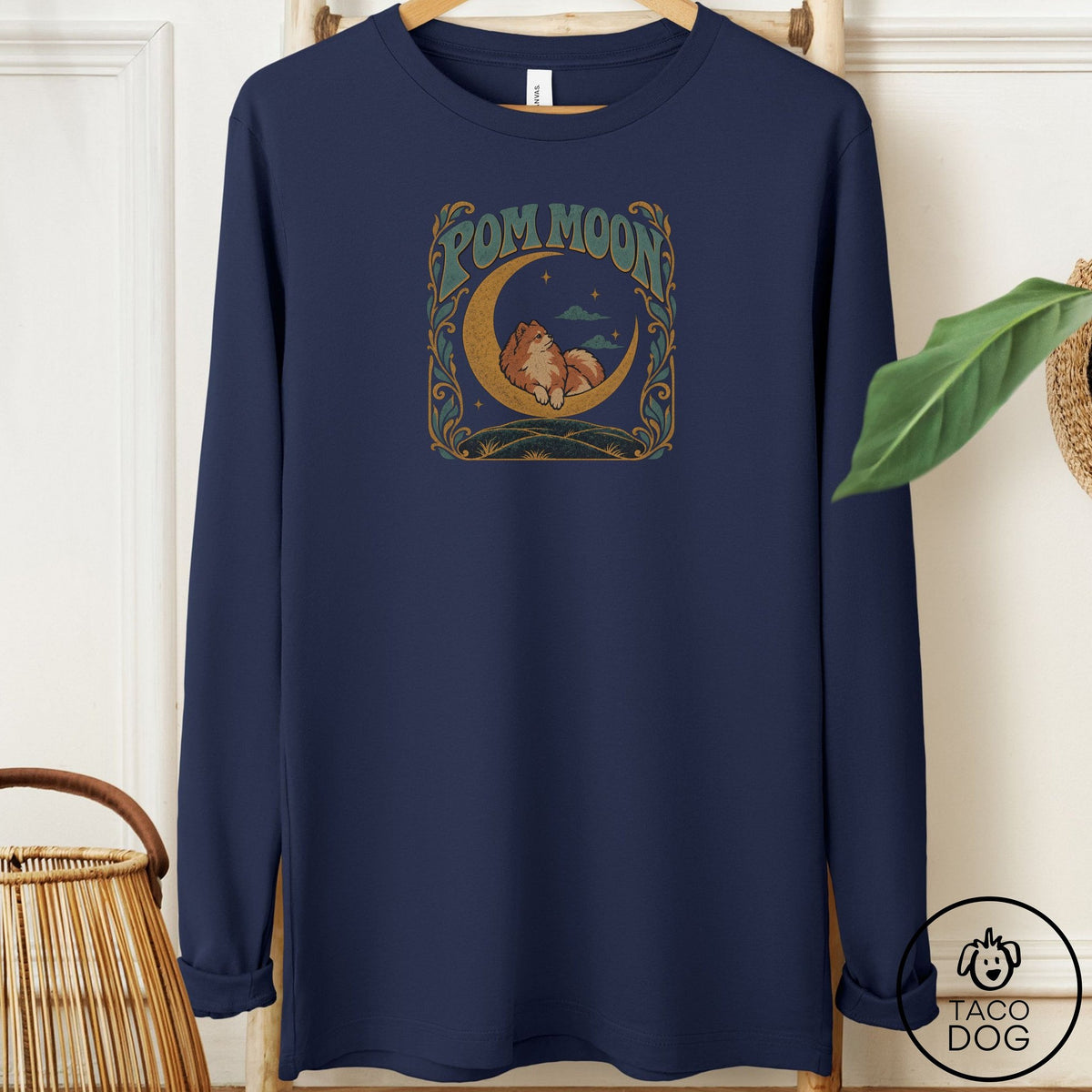 Pomeranian Crescent Moon Long Sleeve Tee Navy Taco-Dog