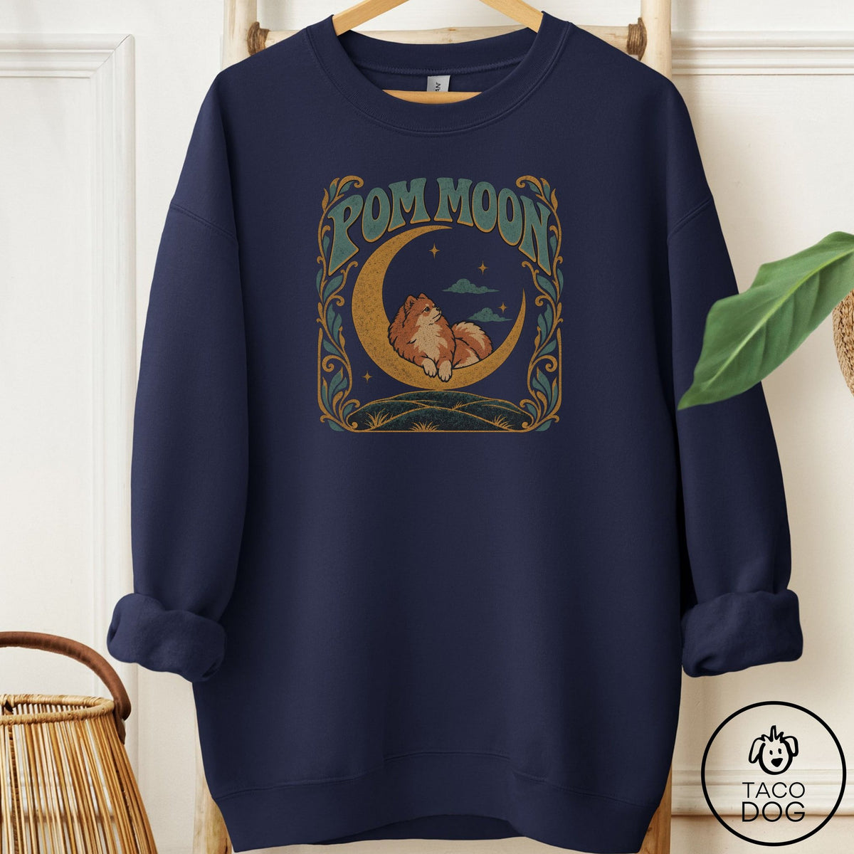 Pomeranian Crescent Moon Sweatshirt Navy Taco-Dog