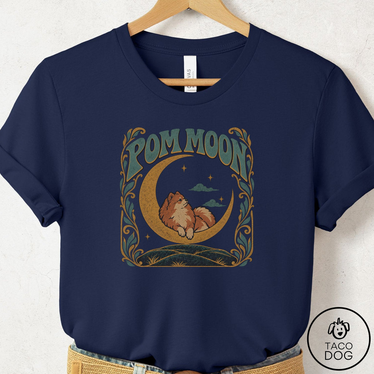 Pomeranian Crescent Moon T-Shirt Navy Taco-Dog