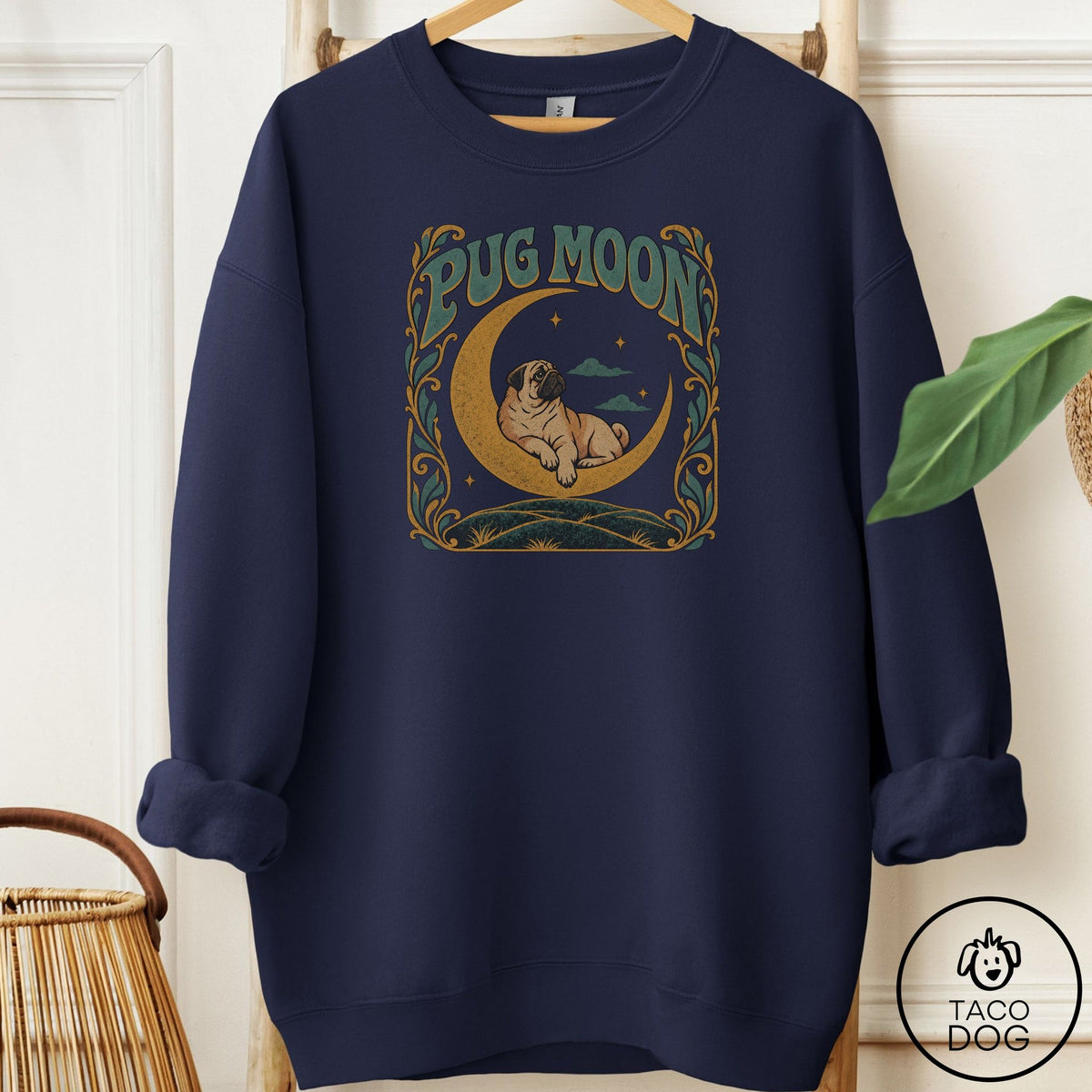 Pug Crescent Moon Sweatshirt Navy Taco-Dog