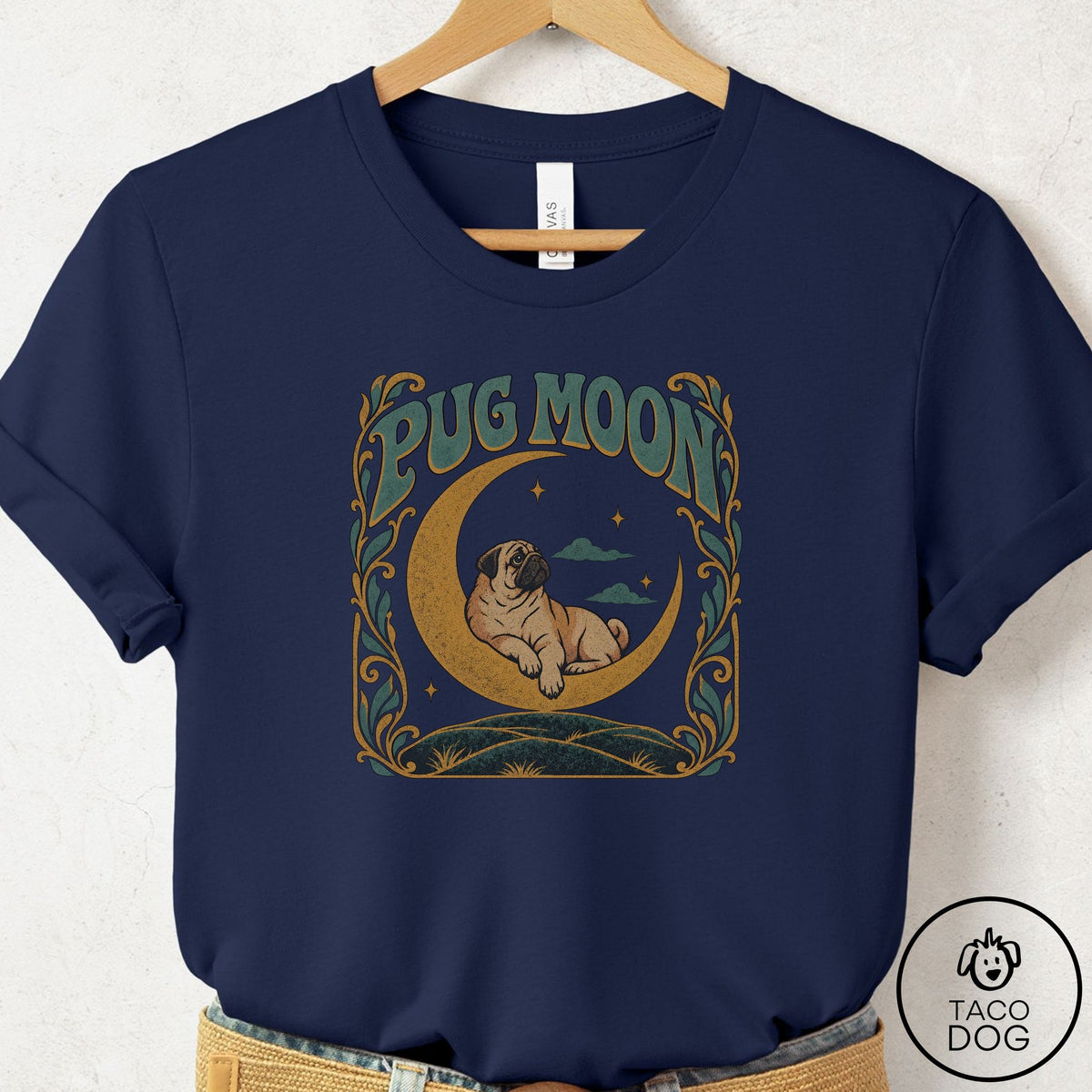 Pug Crescent Moon T-Shirt Navy Taco-Dog
