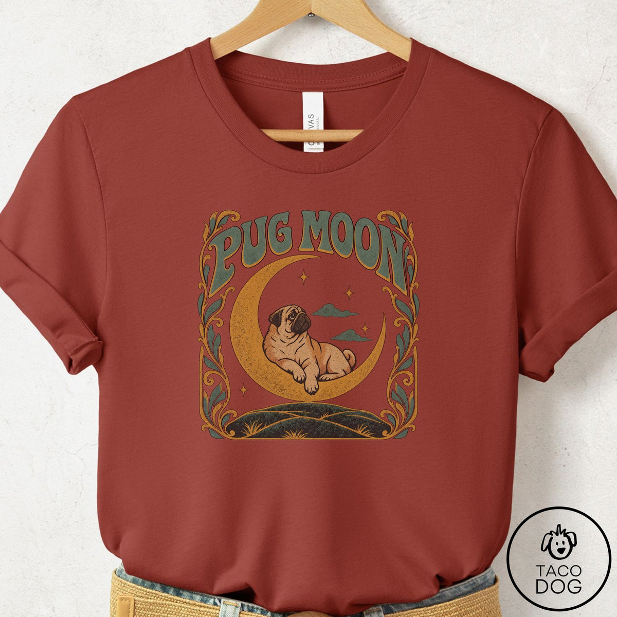 Pug Crescent Moon T-Shirt Rust Taco-Dog