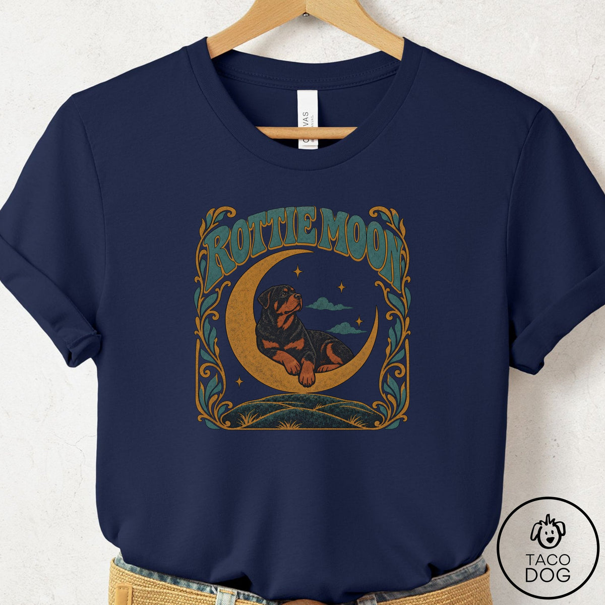 Rottweiler Crescent Moon T-Shirt Navy Taco-Dog
