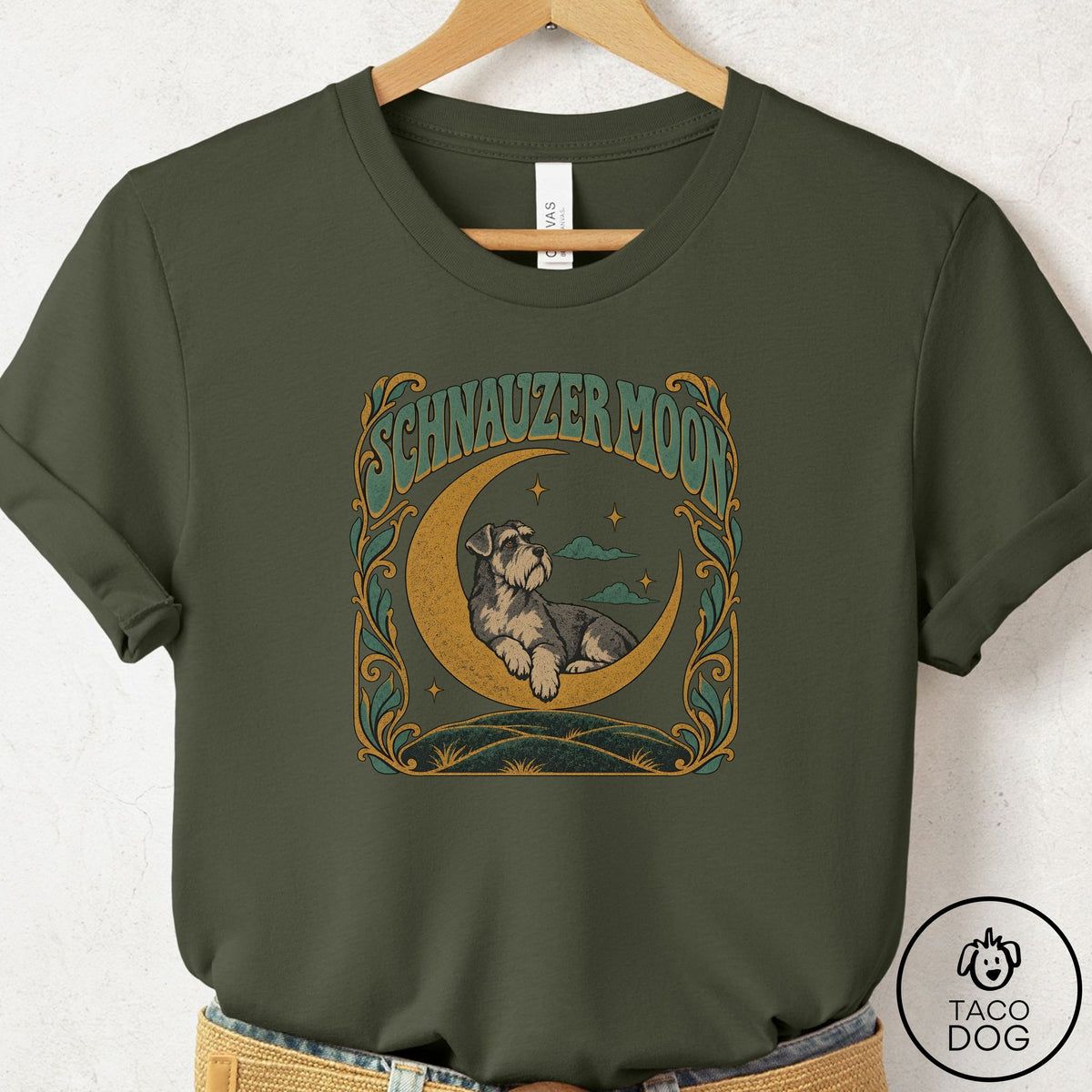 Schnauzer Crescent Moon T-Shirt Military Green Taco-Dog