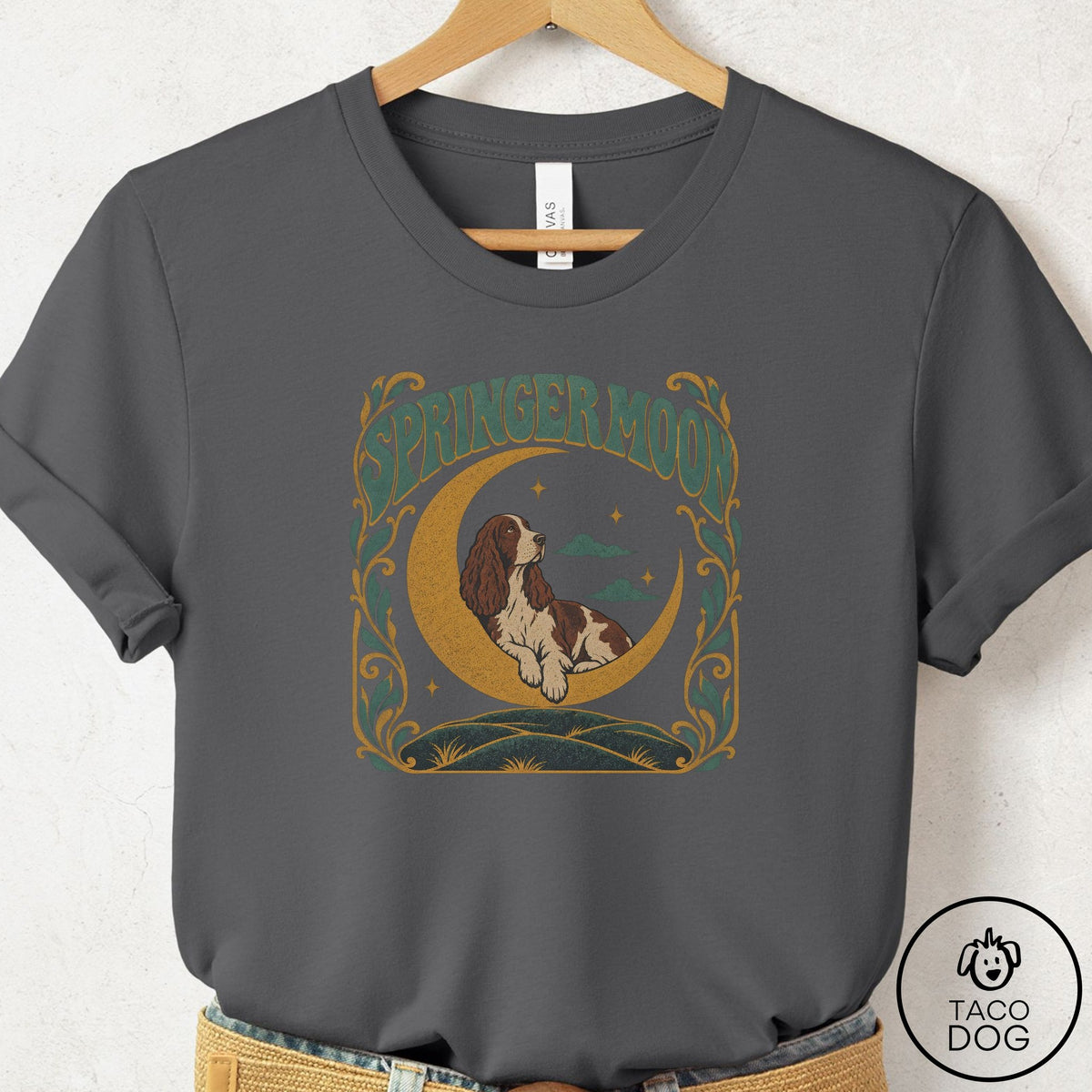 Springer Spaniel Crescent Moon T-Shirt Asphalt Taco-Dog