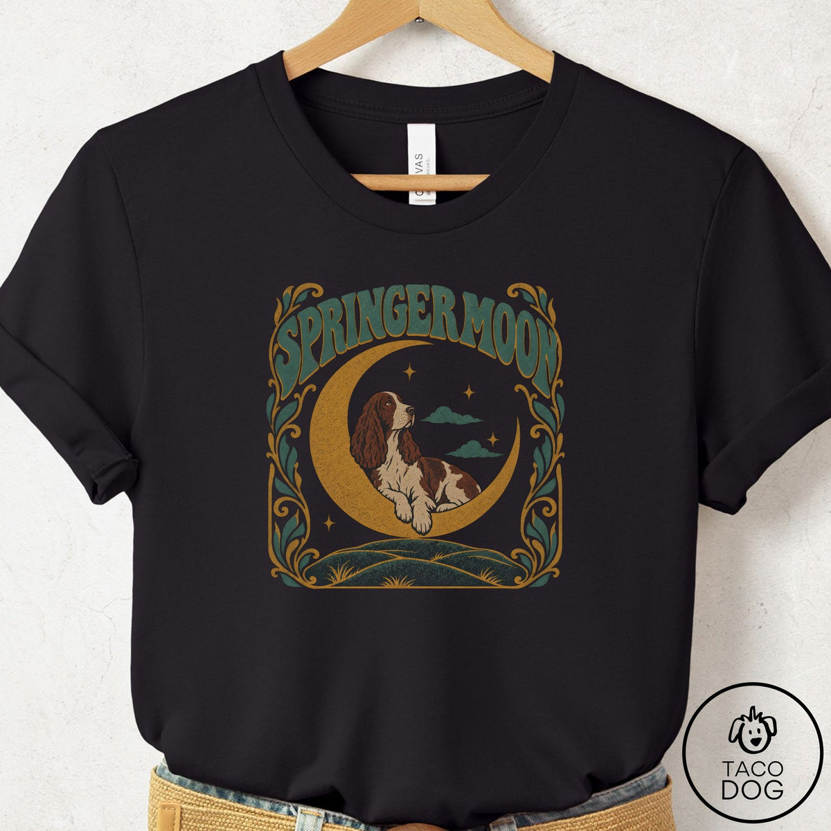 Springer Spaniel Crescent Moon T-Shirt Black Taco-Dog