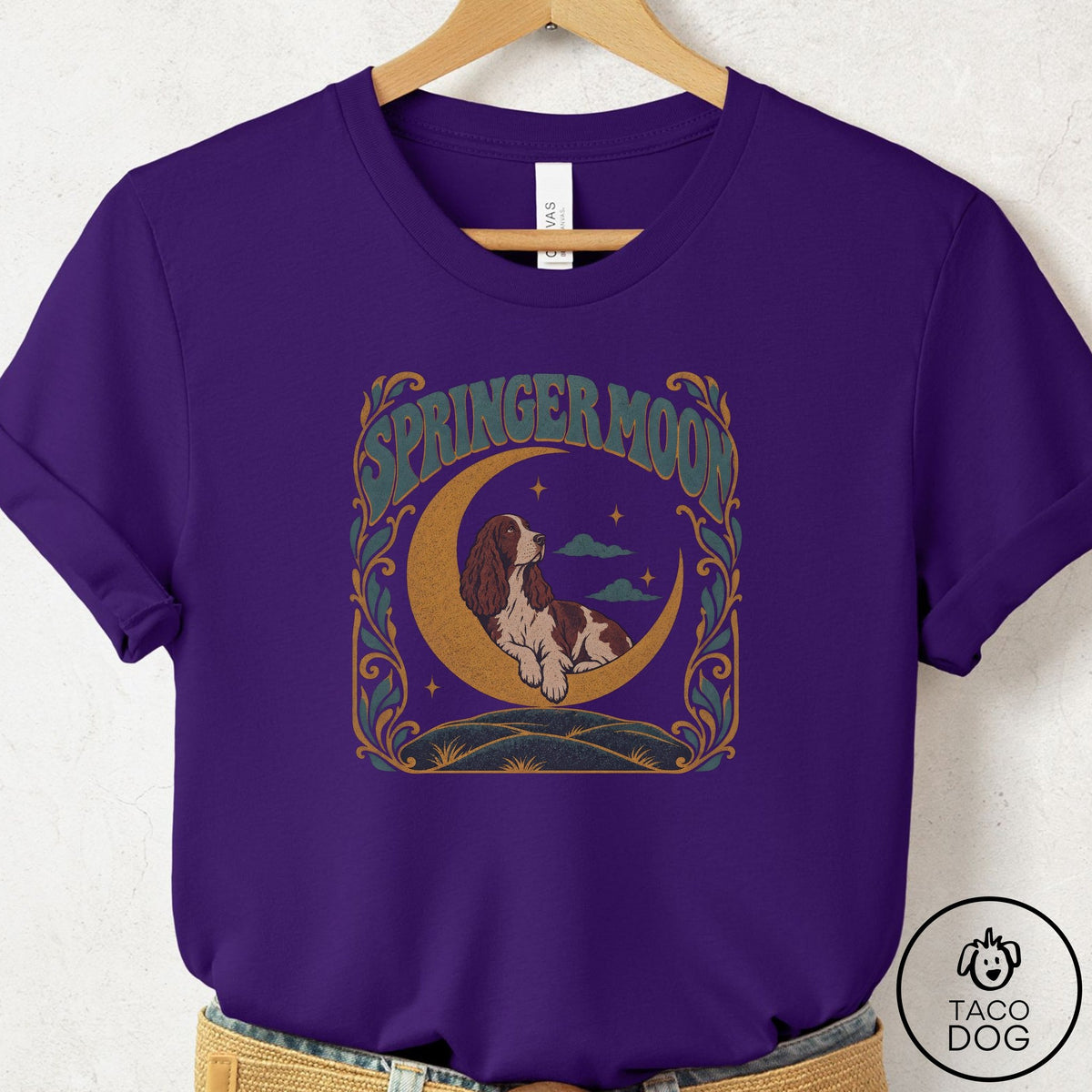 Springer Spaniel Crescent Moon T-Shirt Team Purple Taco-Dog