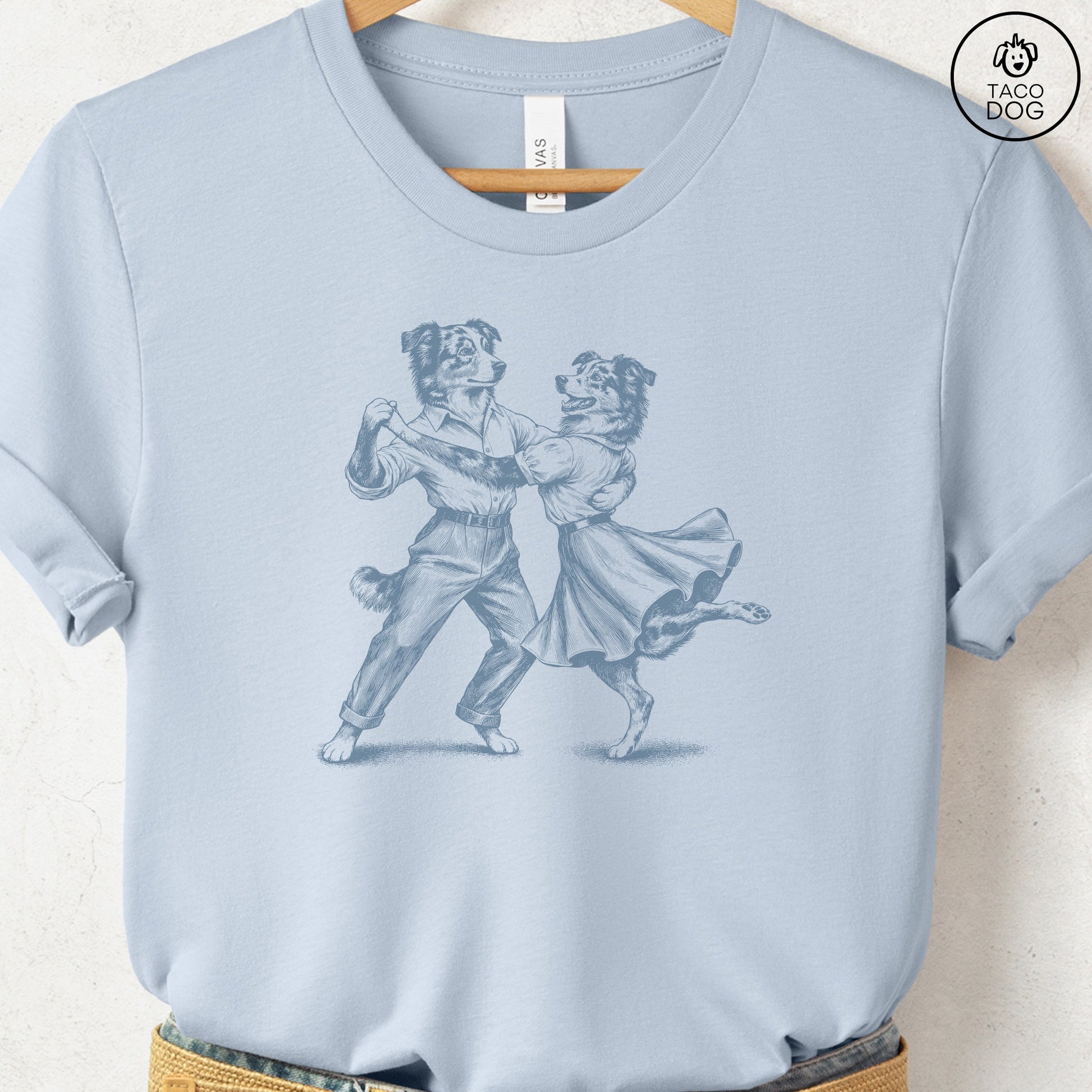Australian Shepherd Dancing T-Shirt Light Blue Taco-Dog