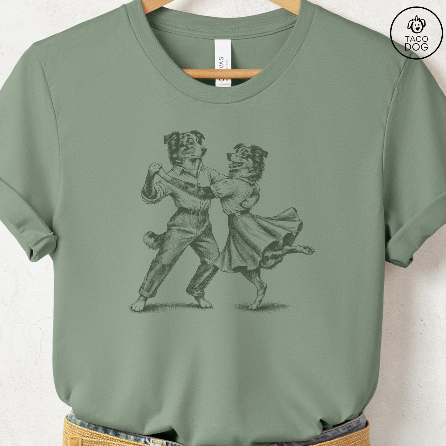 Australian Shepherd Dancing T-Shirt Sage Taco-Dog