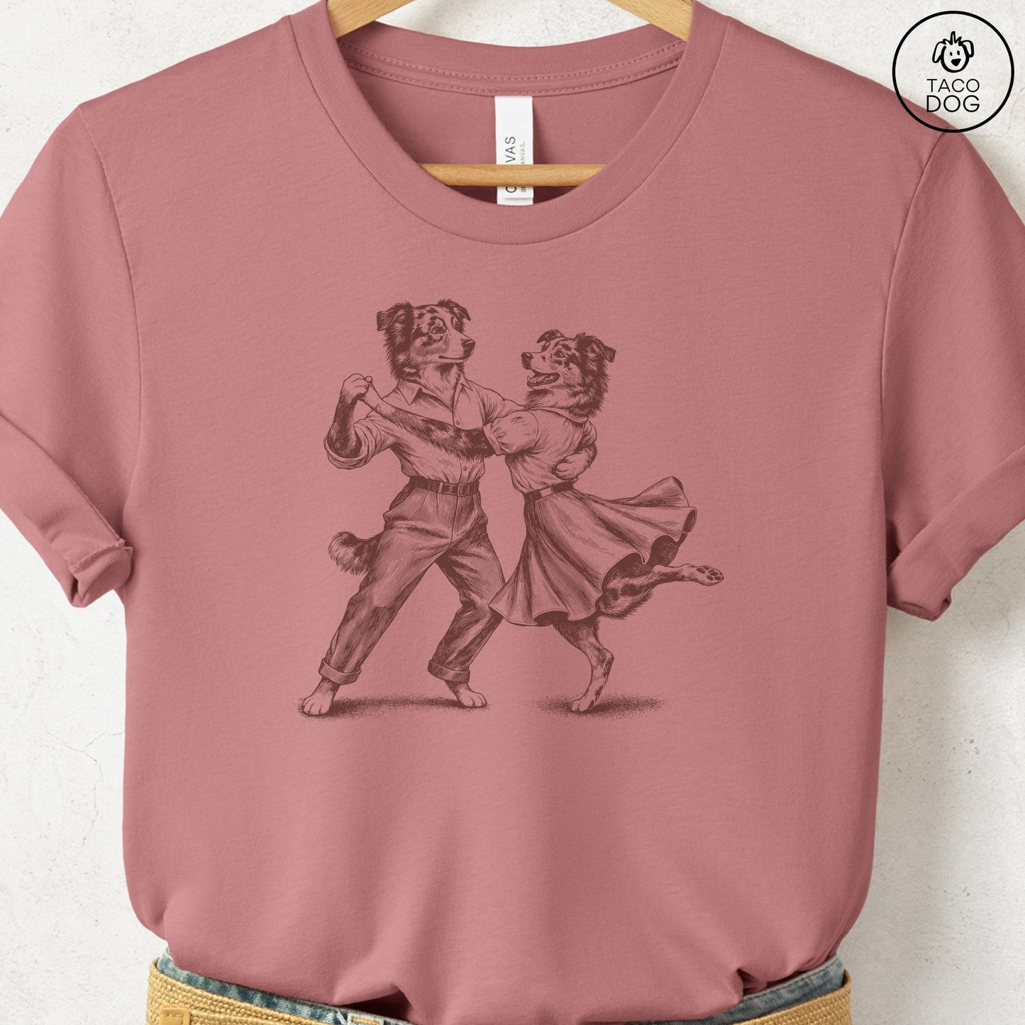 Australian Shepherd Dancing T-Shirt Heather Mauve Taco-Dog