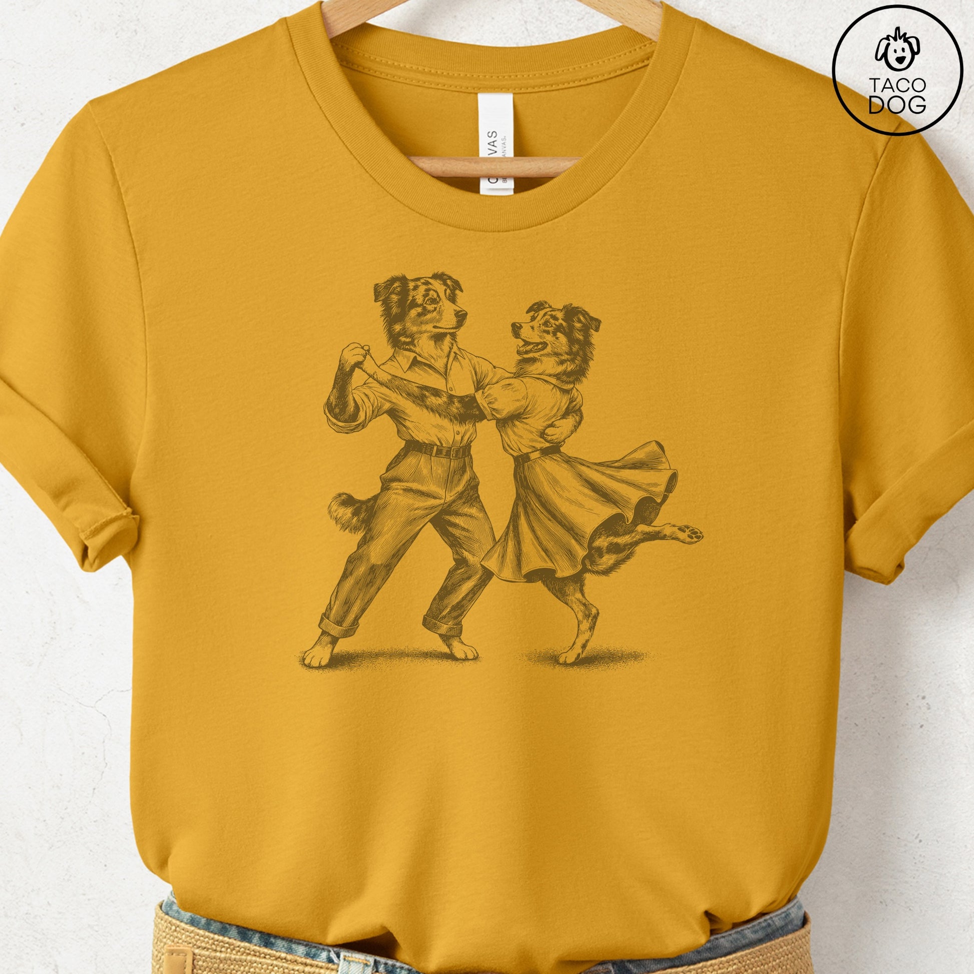Australian Shepherd Dancing T-Shirt Mustard Taco-Dog
