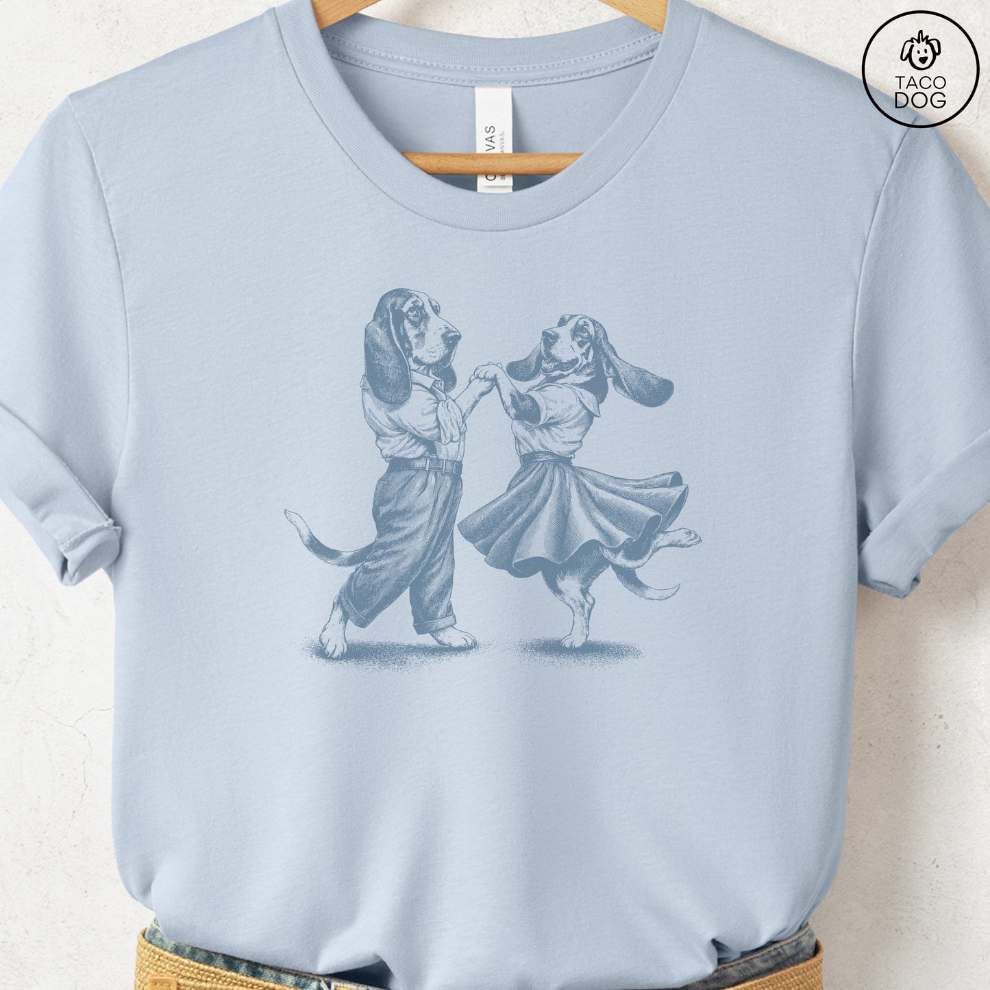Basset Hound Dancing T-Shirt Light Blue Taco-Dog