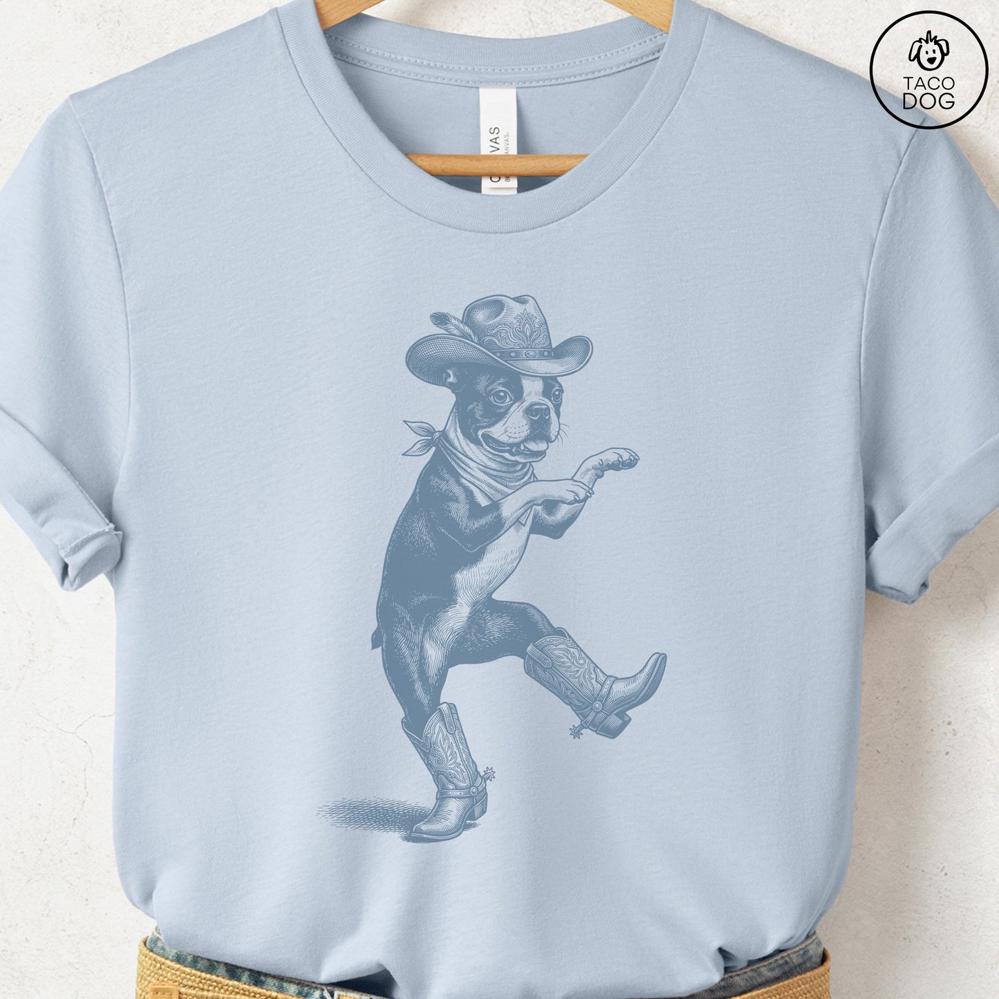 Boston Terrier Dancing Boots T-Shirt Light Blue S Taco-Dog