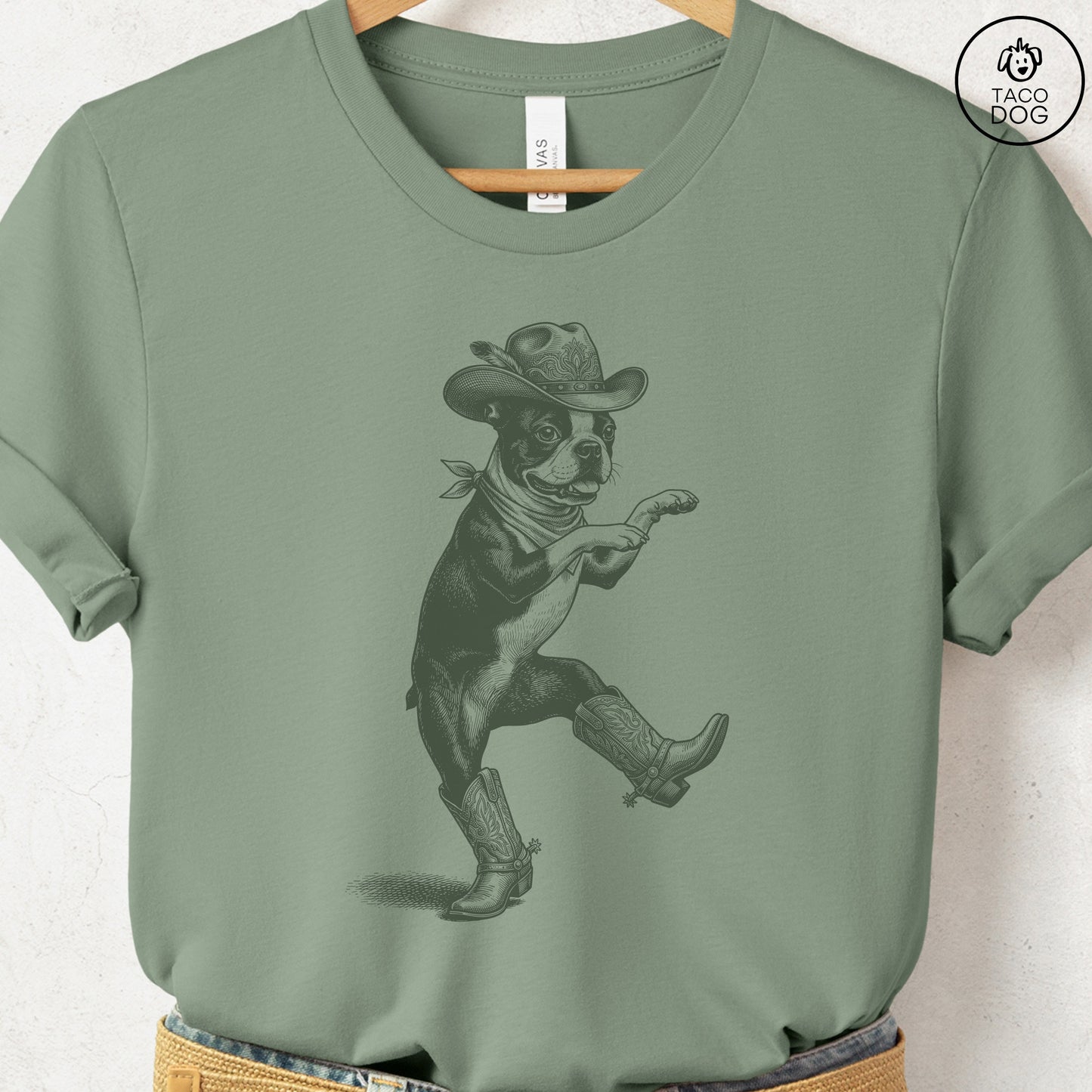 Boston Terrier Dancing Boots T-Shirt Sage S Taco-Dog