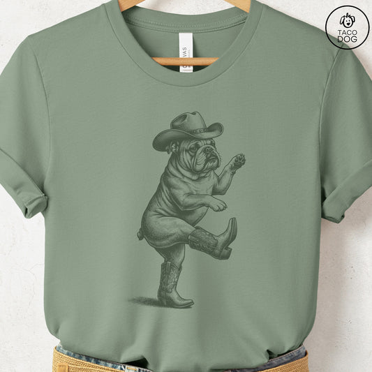 English Bulldog Dancing Boots T-Shirt Sage S Taco-Dog