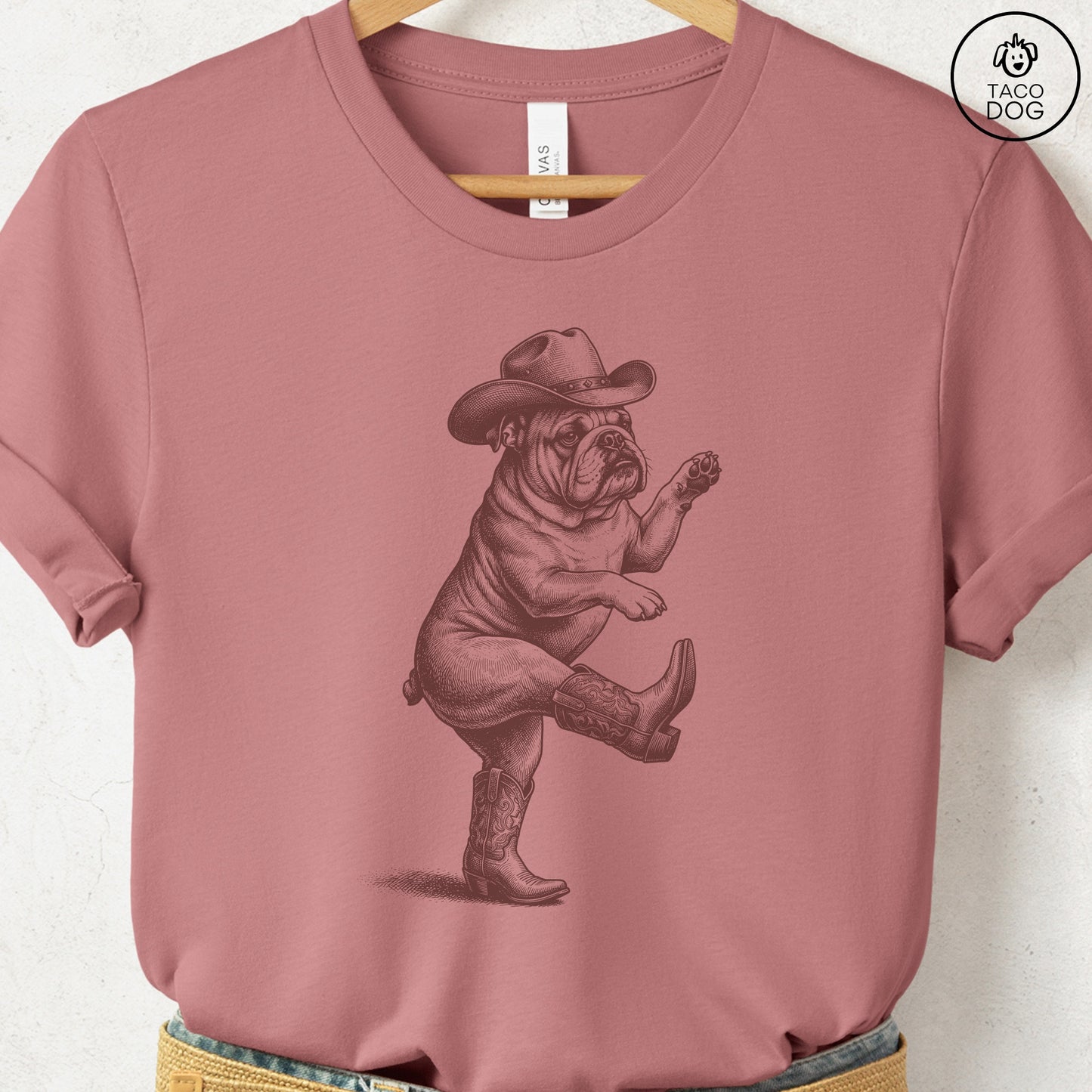 English Bulldog Dancing Boots T-Shirt Heather Mauve S Taco-Dog