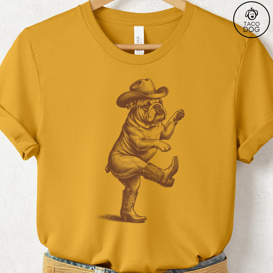 English Bulldog Dancing Boots T-Shirt Mustard S Taco-Dog