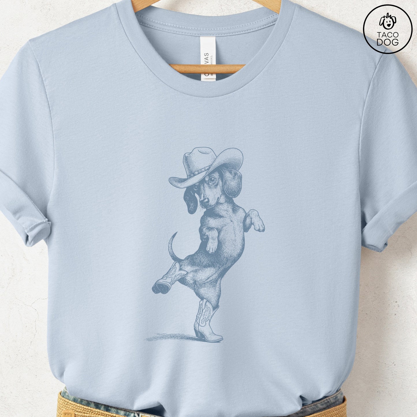Dachshund Dancing Boots T-Shirt Light Blue S Taco-Dog