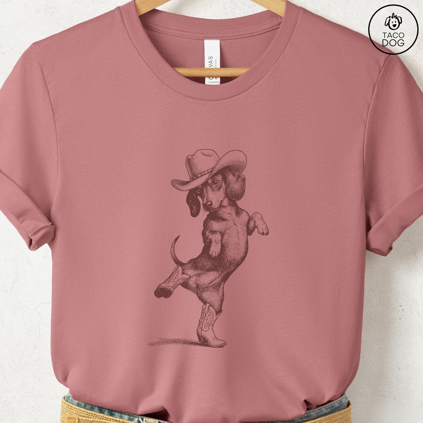 Dachshund Dancing Boots T-Shirt Heather Mauve S Taco-Dog