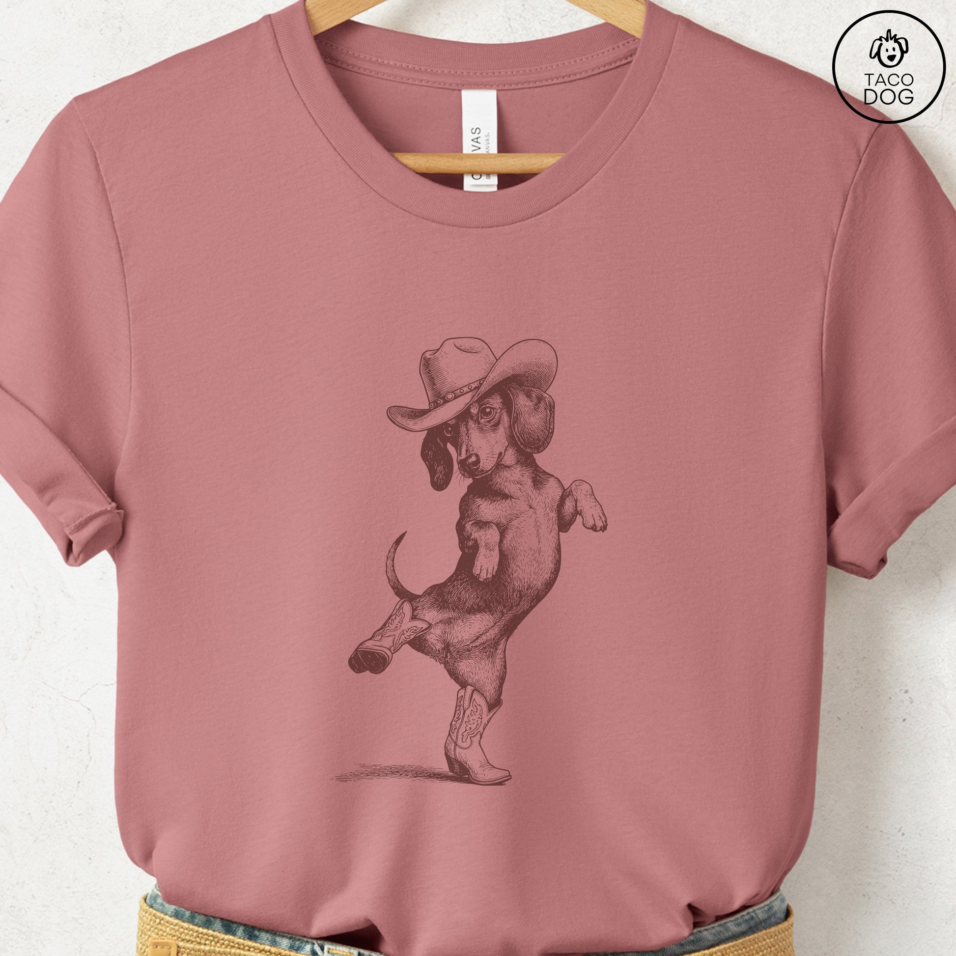 Dachshund Dancing Boots T-Shirt Heather Mauve S Taco-Dog