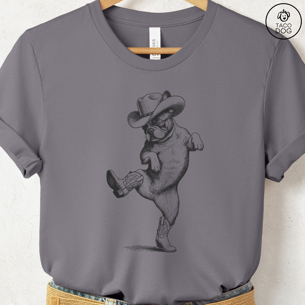 French Bulldog Frenchie Dancing Boots T-Shirt, design close-up