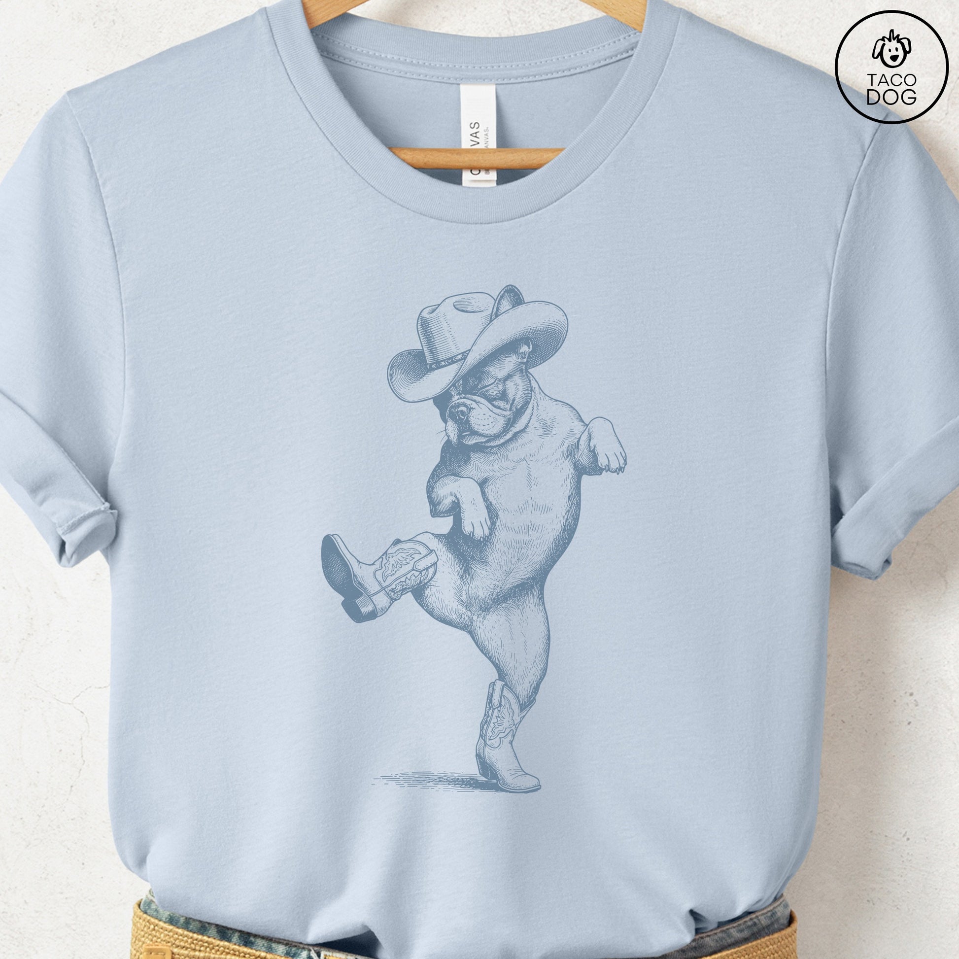 French Bulldog Frenchie Dancing Boots T-Shirt Light Blue S Taco-Dog