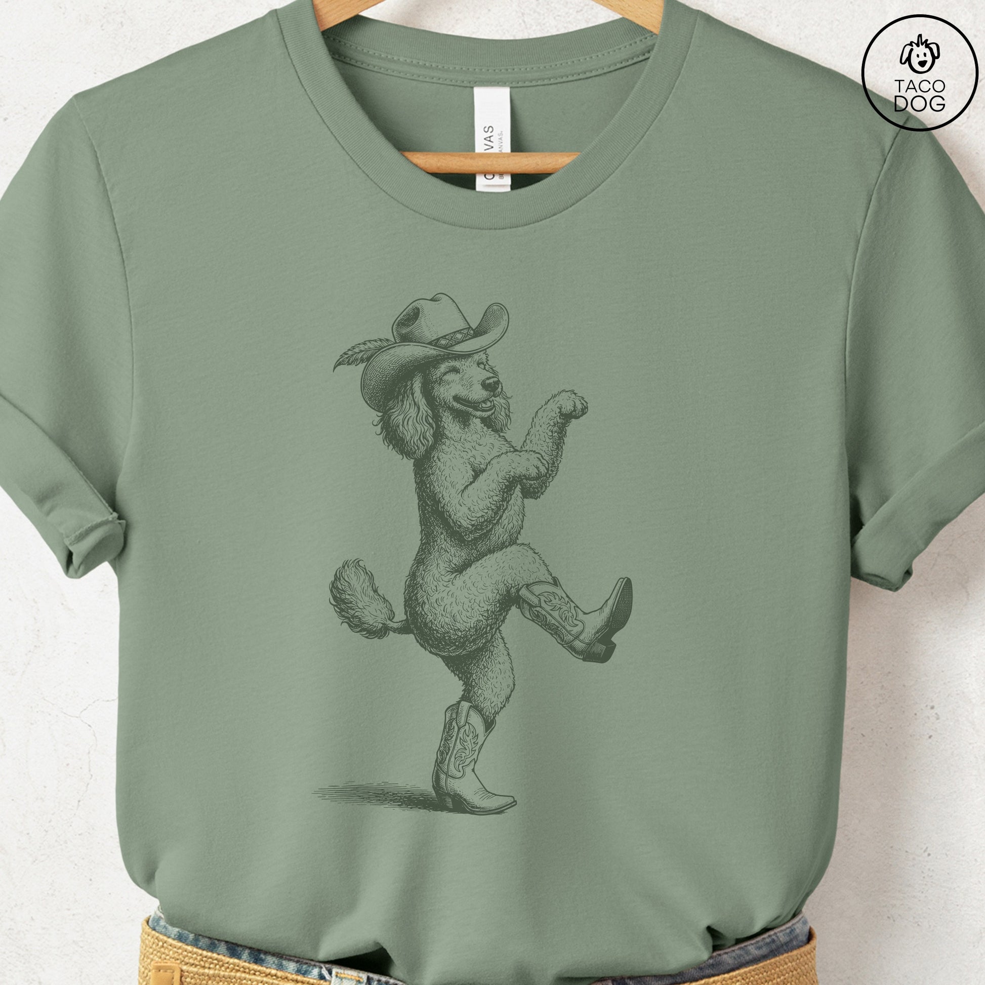 Poodle Dancing Boots T-Shirt Sage S Taco-Dog