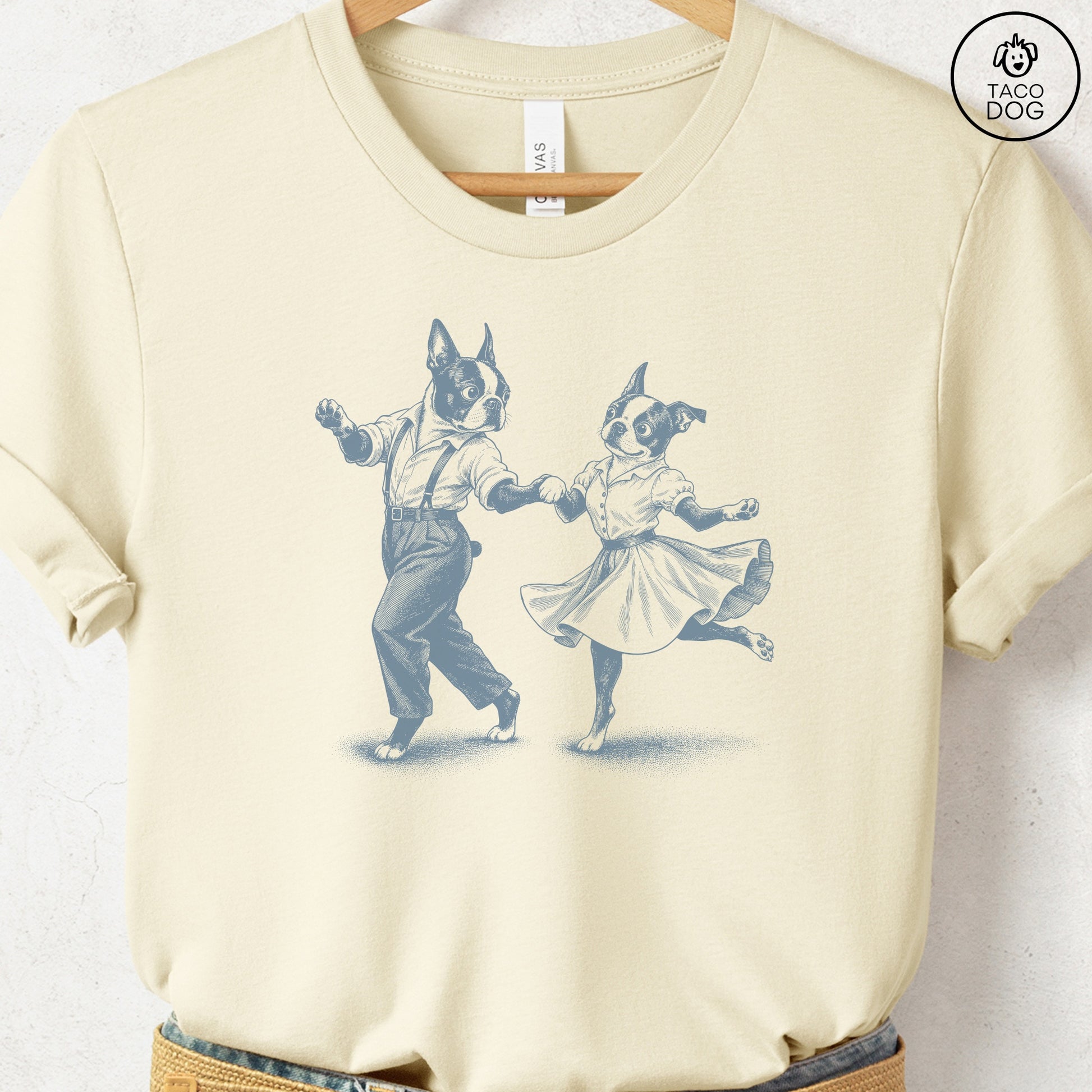 Boston Terrier Dancing T-Shirt Natural Taco-Dog