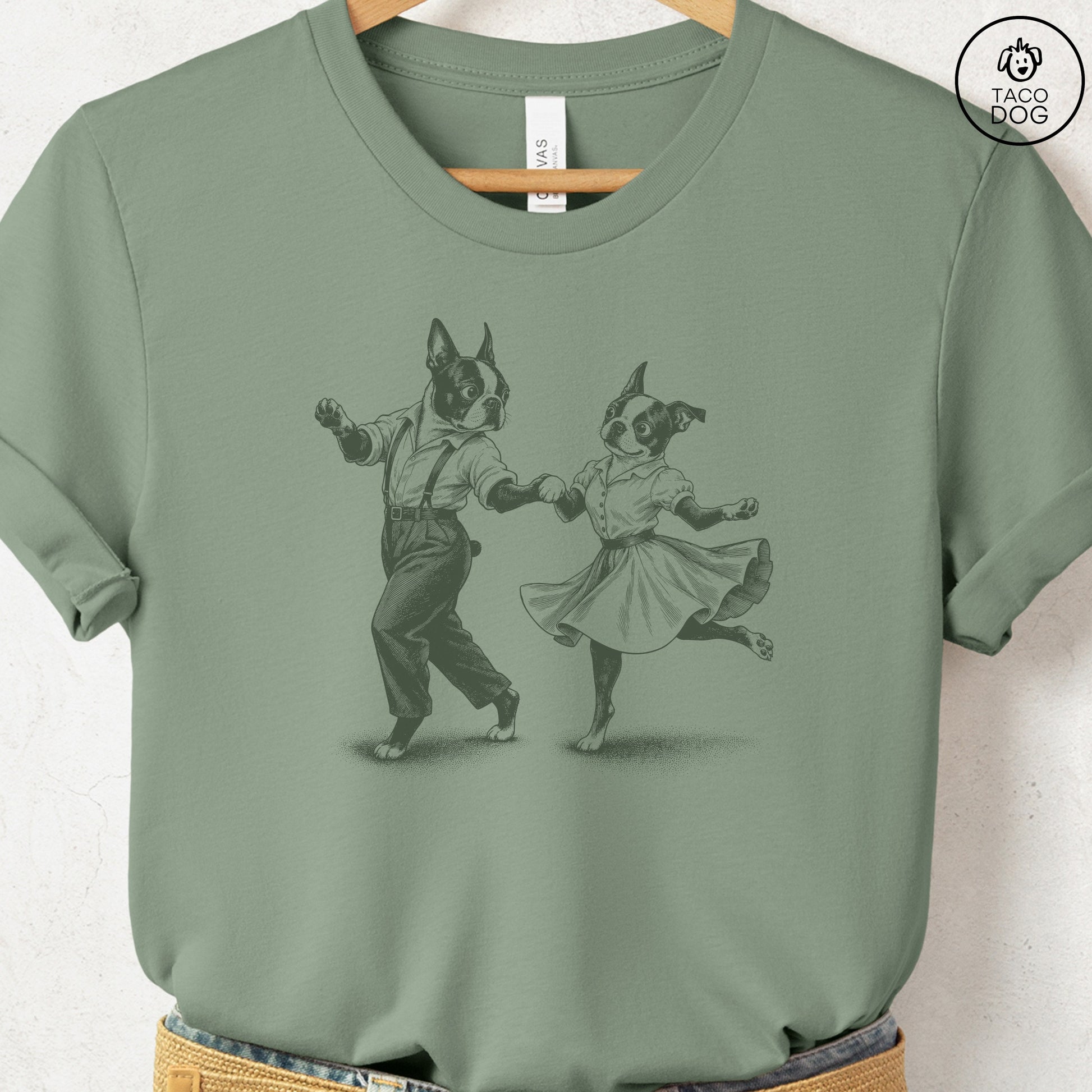 Boston Terrier Dancing T-Shirt Sage Taco-Dog