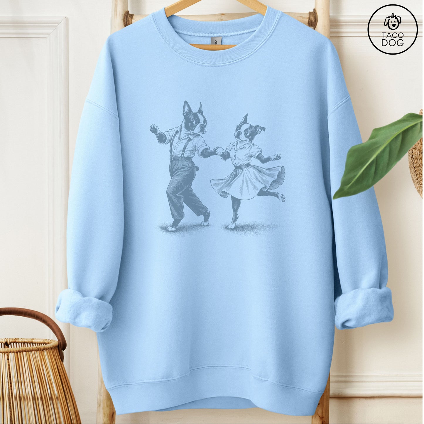 Boston Terrier Dancing Sweatshirt Light Blue Taco-Dog