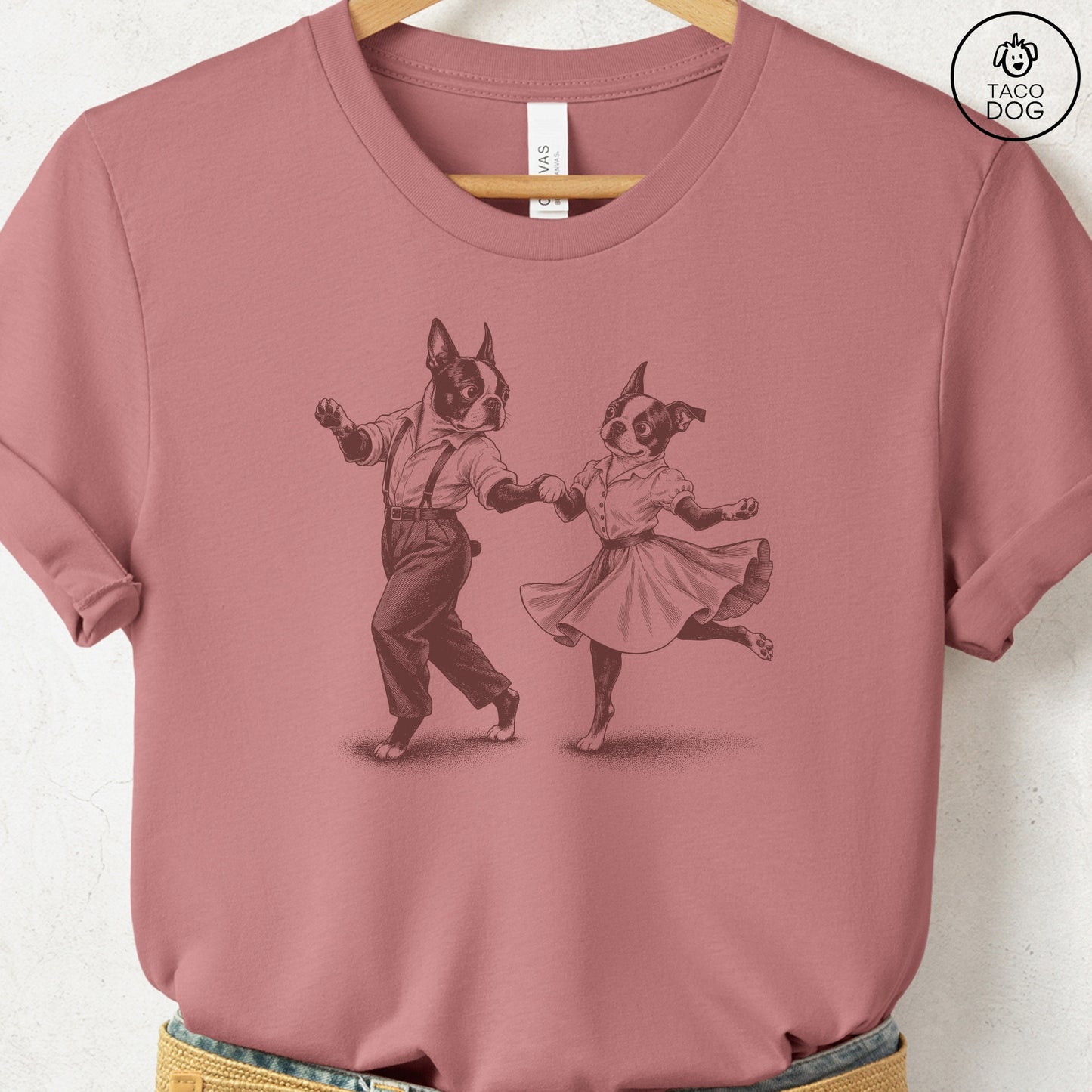 Boston Terrier Dancing T-Shirt Heather Mauve Taco-Dog