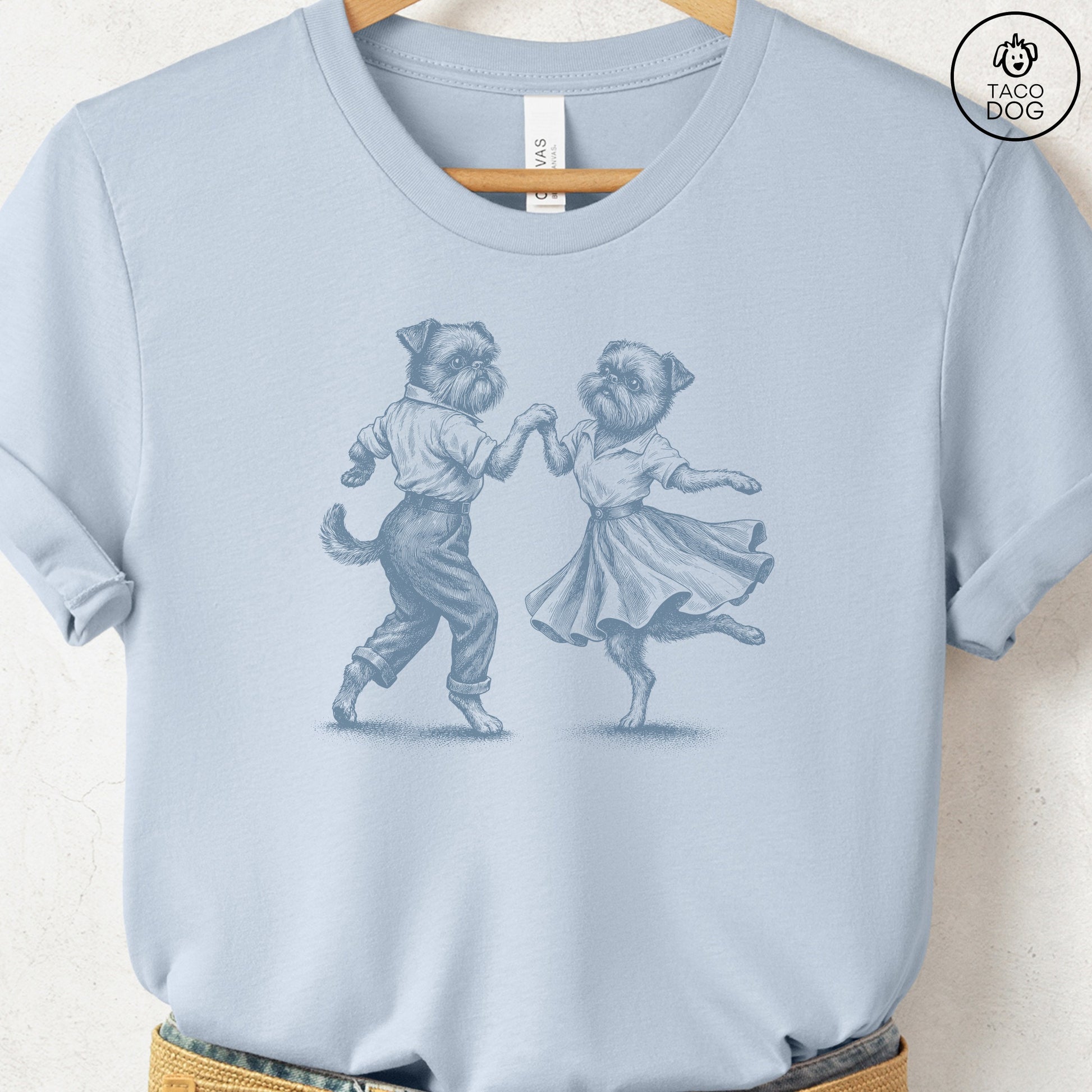 Brussels Griffon Dancing T-Shirt Light Blue Taco-Dog