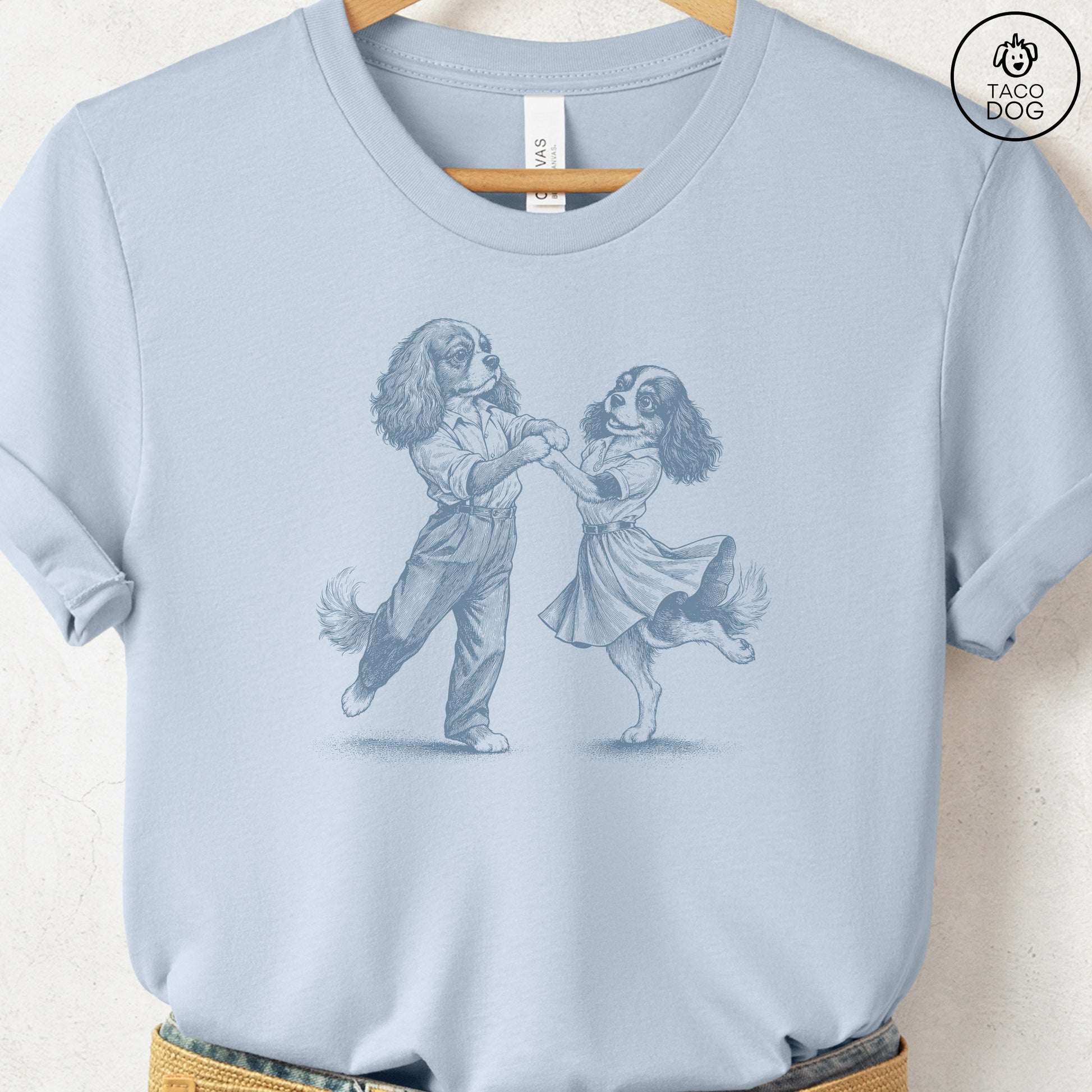 Cavalier King Charles Spaniel Dancing T-Shirt Light Blue Taco-Dog