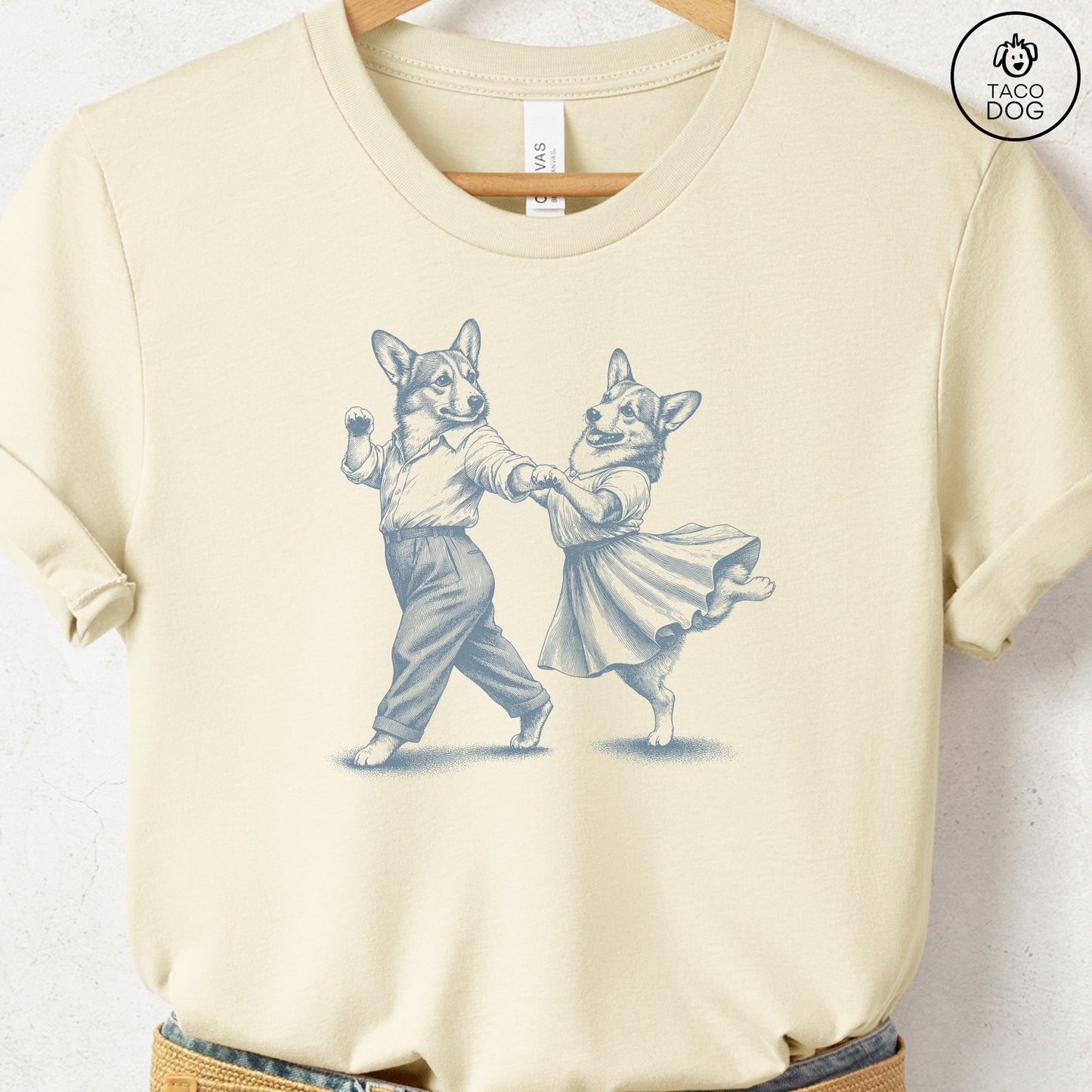 Corgi Dancing T-Shirt Natural Taco-Dog