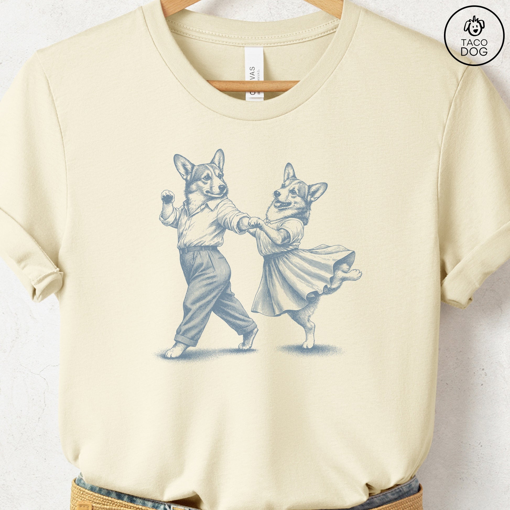 Corgi Dancing T-Shirt Natural Taco-Dog