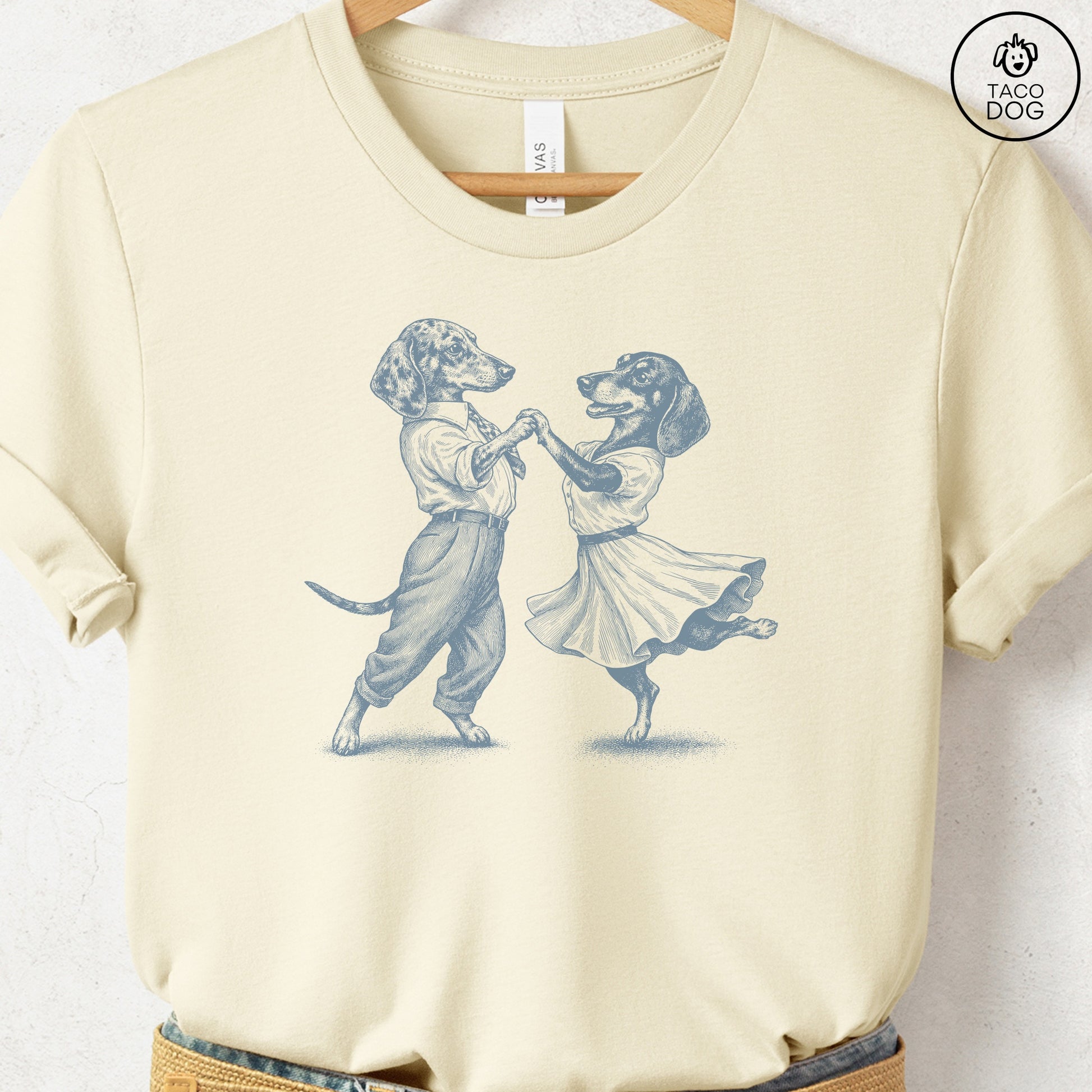 Dachshund Dancing T-Shirt Natural Taco-Dog