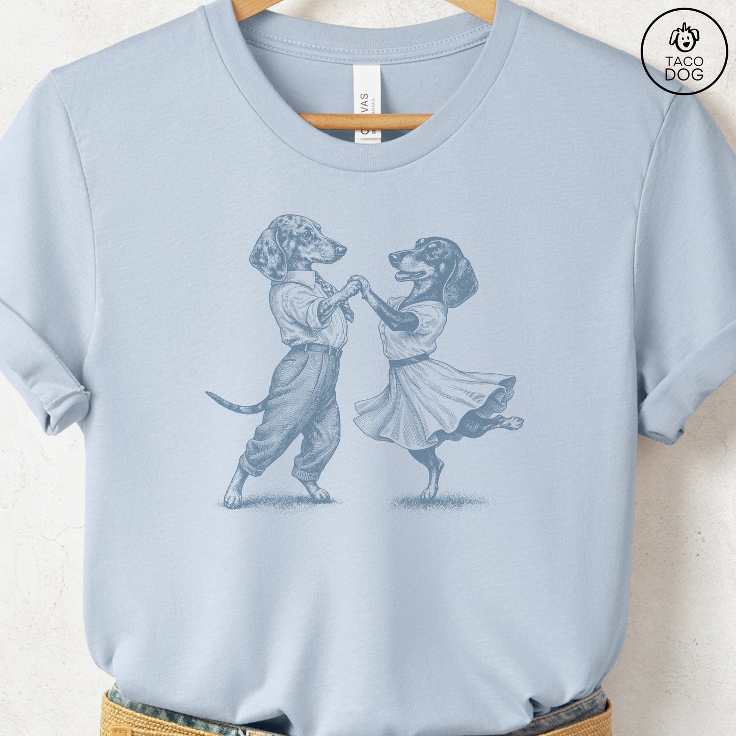 Dachshund Dancing T-Shirt Light Blue Taco-Dog