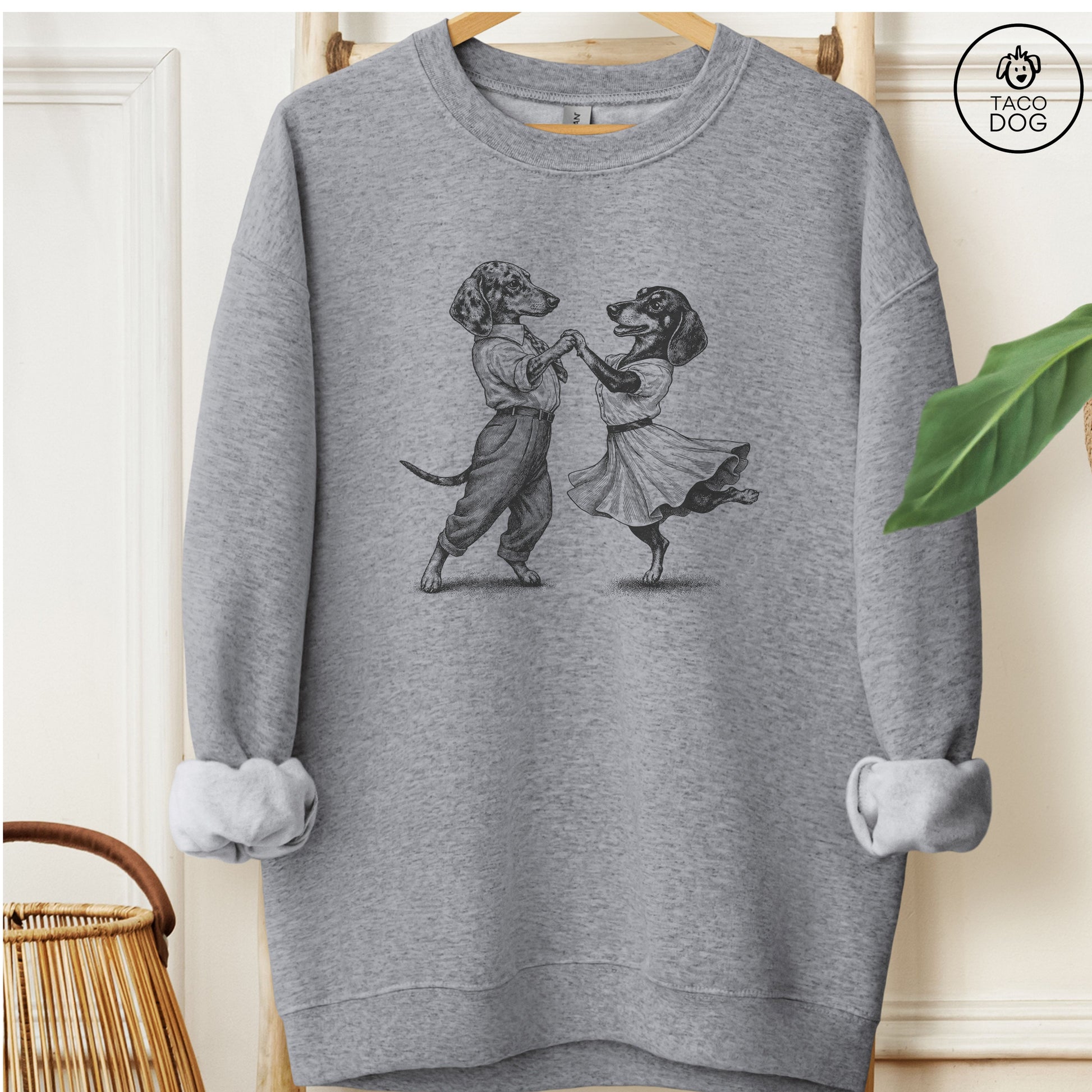 Dachshund Dancing Sweatshirt Graphite Heather Taco-Dog