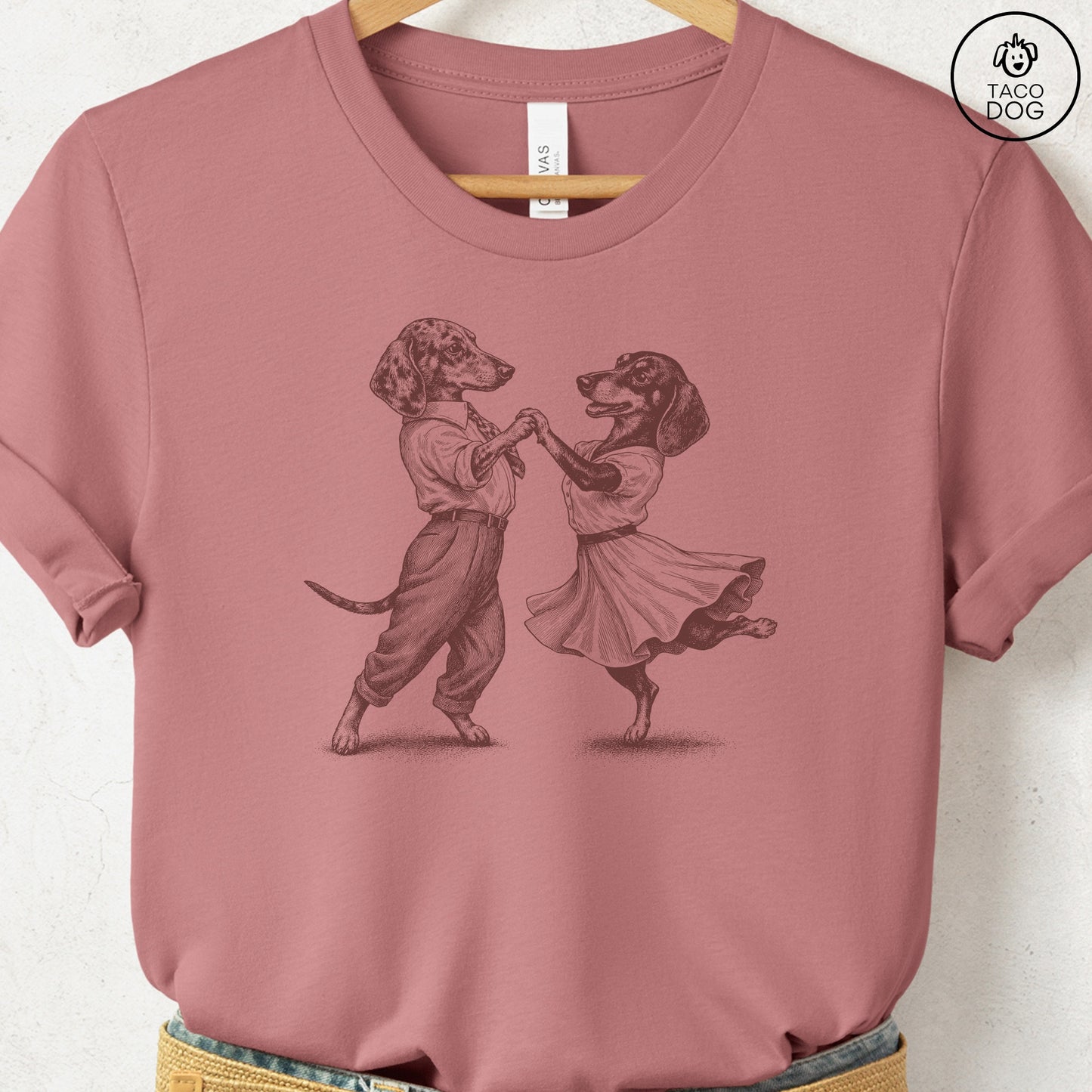 Dachshund Dancing T-Shirt Heather Mauve Taco-Dog