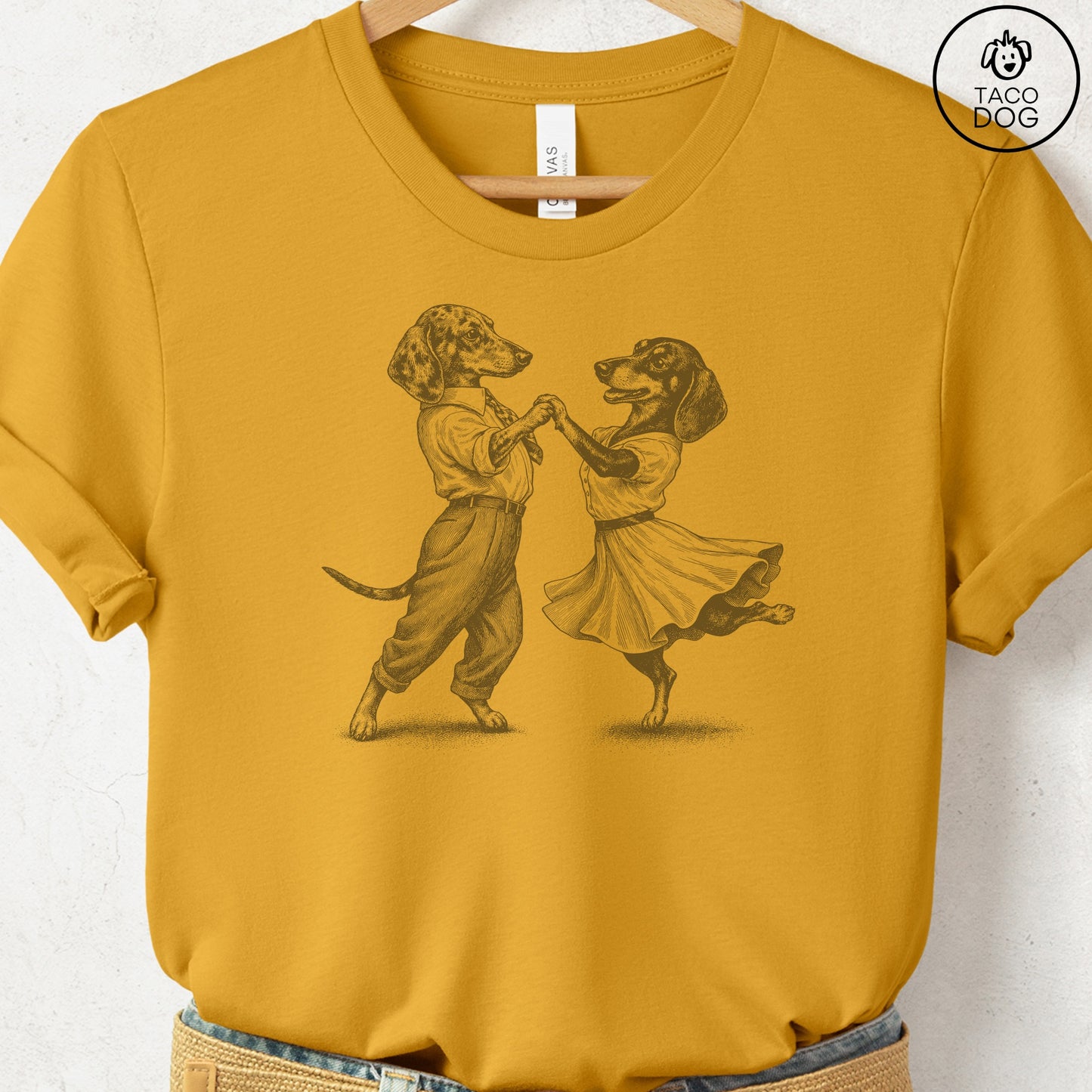 Dachshund Dancing T-Shirt Mustard Taco-Dog