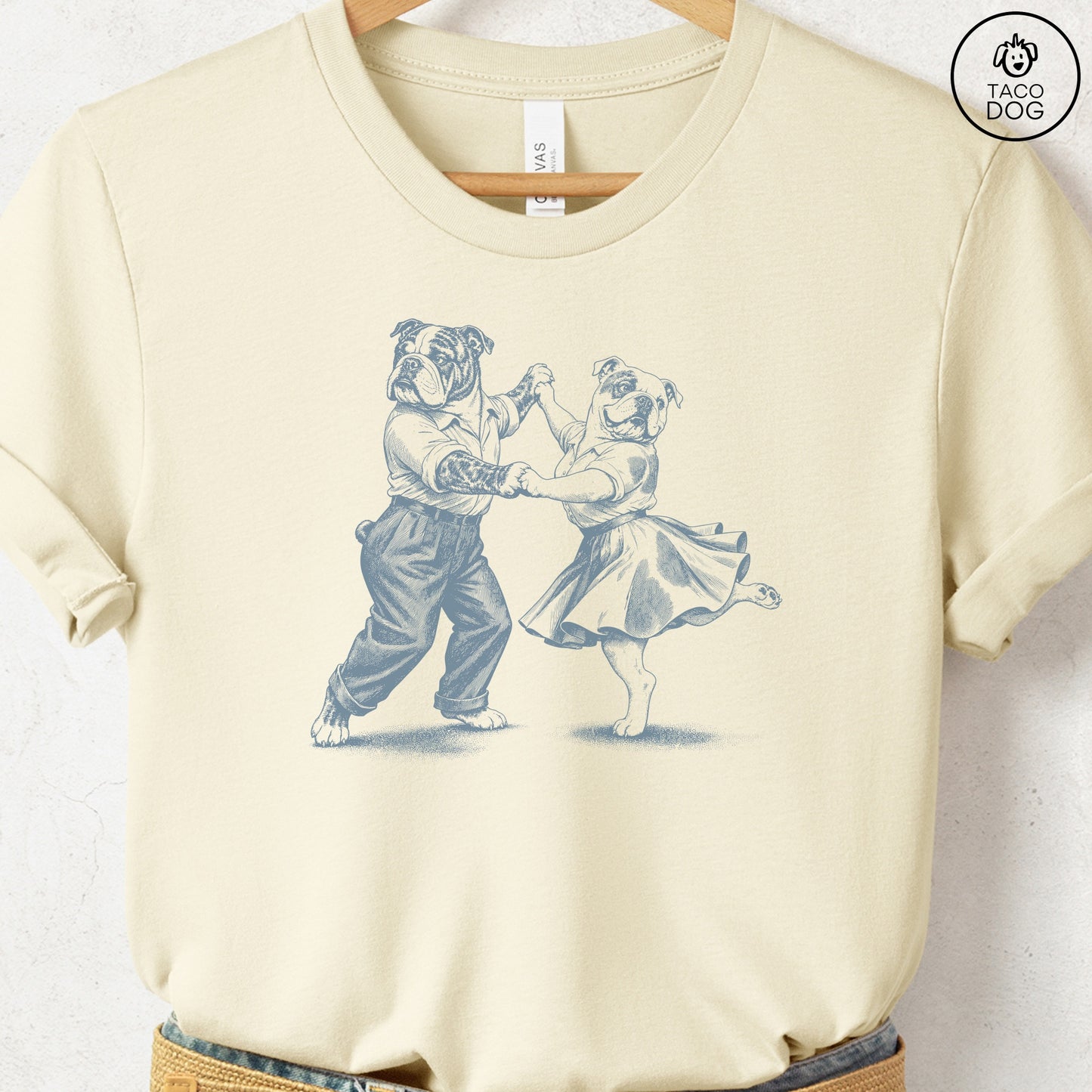 English Bulldog Dancing T-Shirt Natural Taco-Dog
