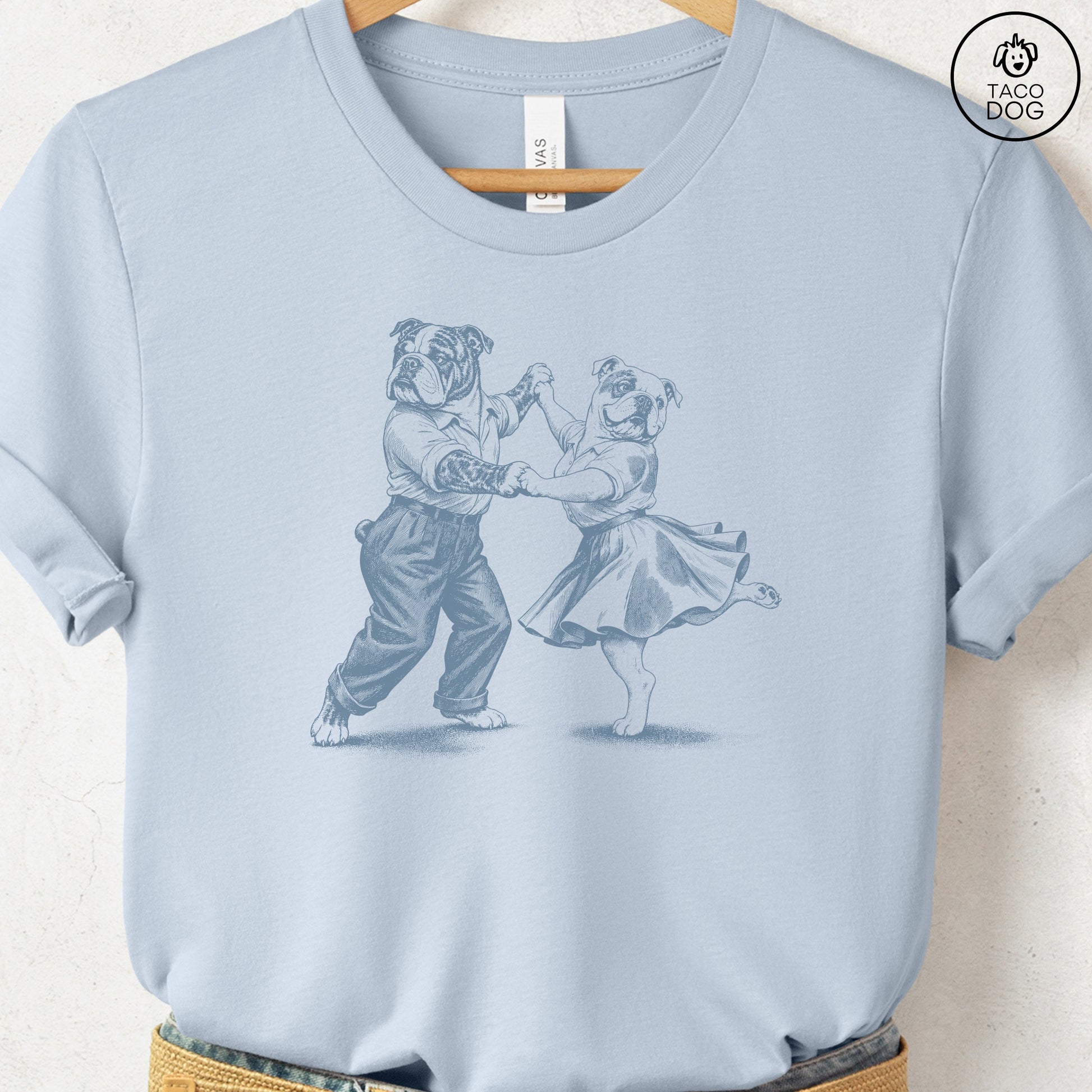 English Bulldog Dancing T-Shirt Light Blue Taco-Dog
