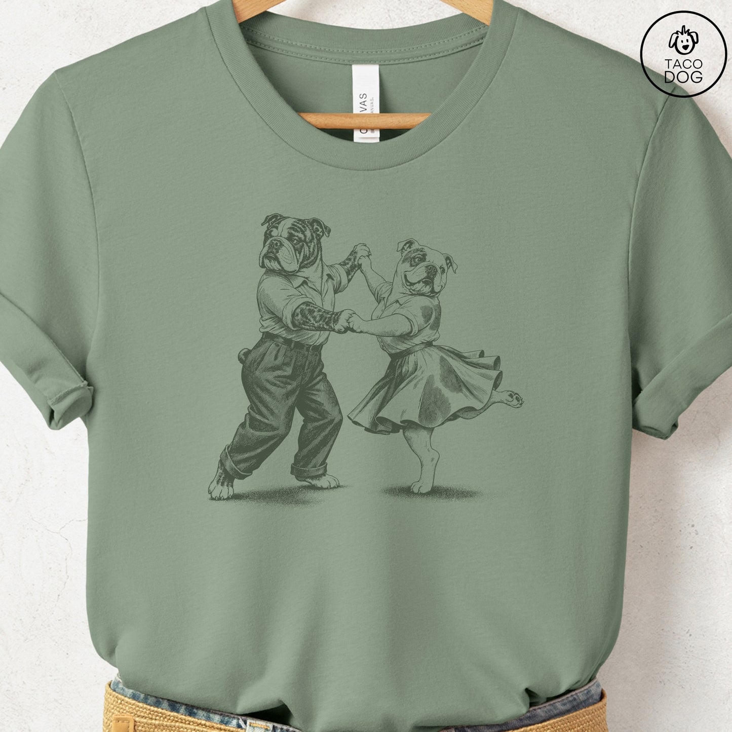 English Bulldog Dancing T-Shirt Sage Taco-Dog