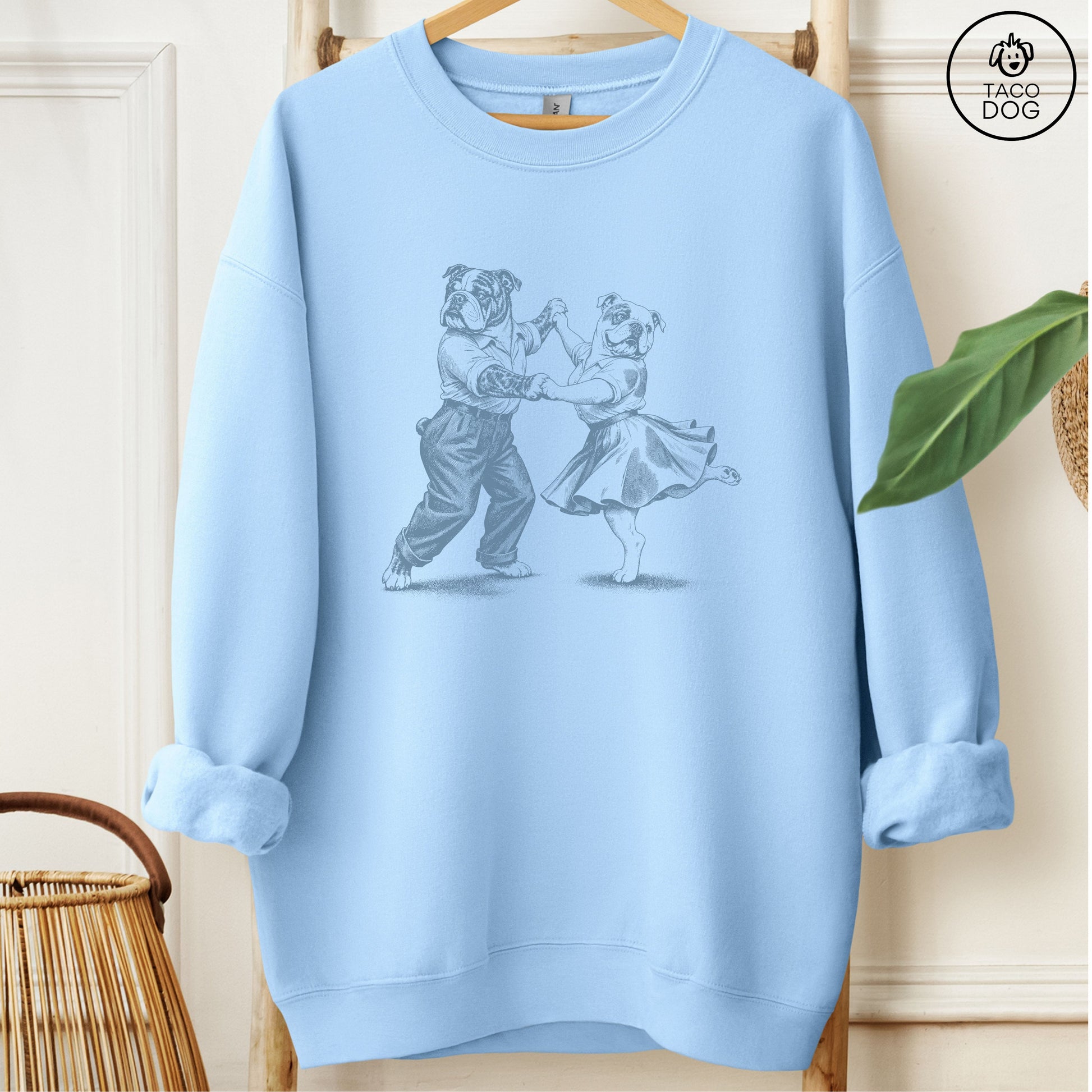 English Bulldog Dancing Sweatshirt Light Blue Taco-Dog