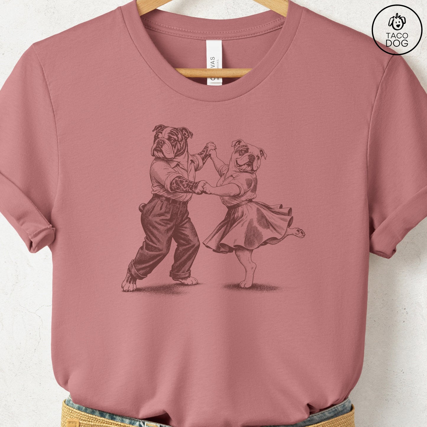 English Bulldog Dancing T-Shirt Heather Mauve Taco-Dog