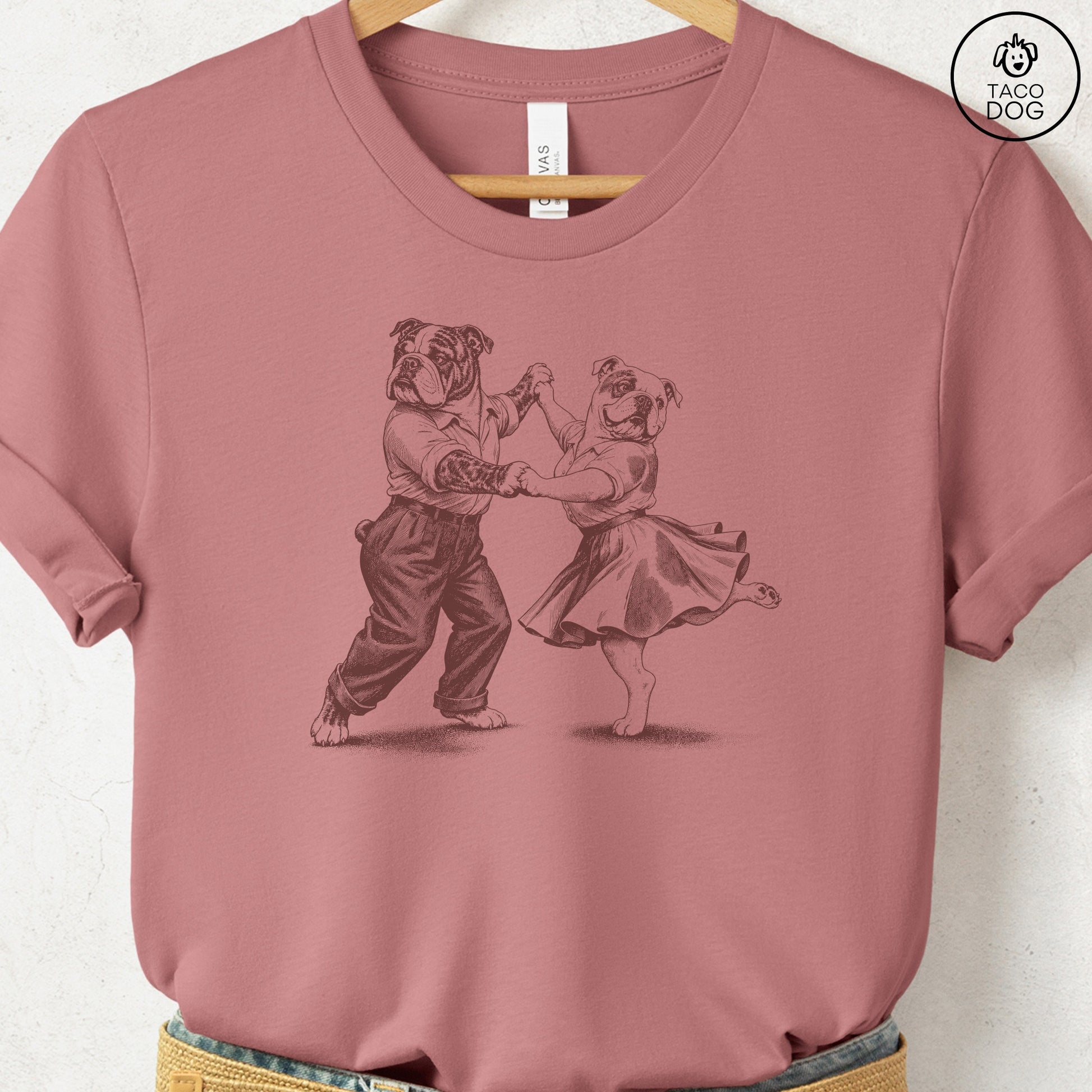 English Bulldog Dancing T-Shirt Heather Mauve Taco-Dog