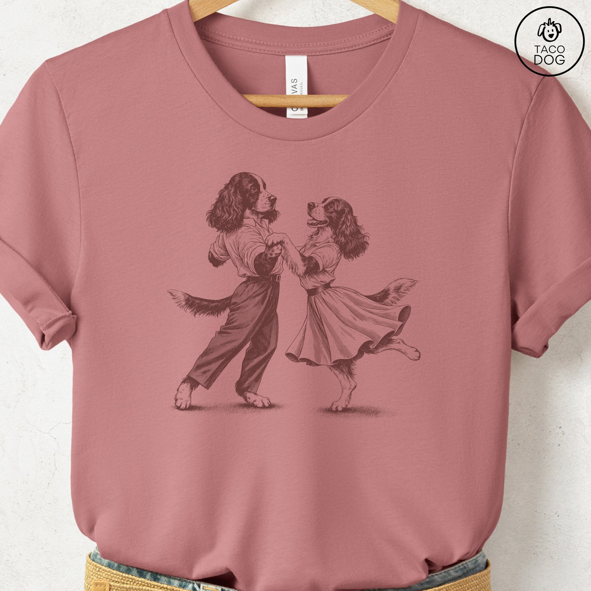 Springer Spaniel Dancing T-Shirt Heather Mauve Taco-Dog